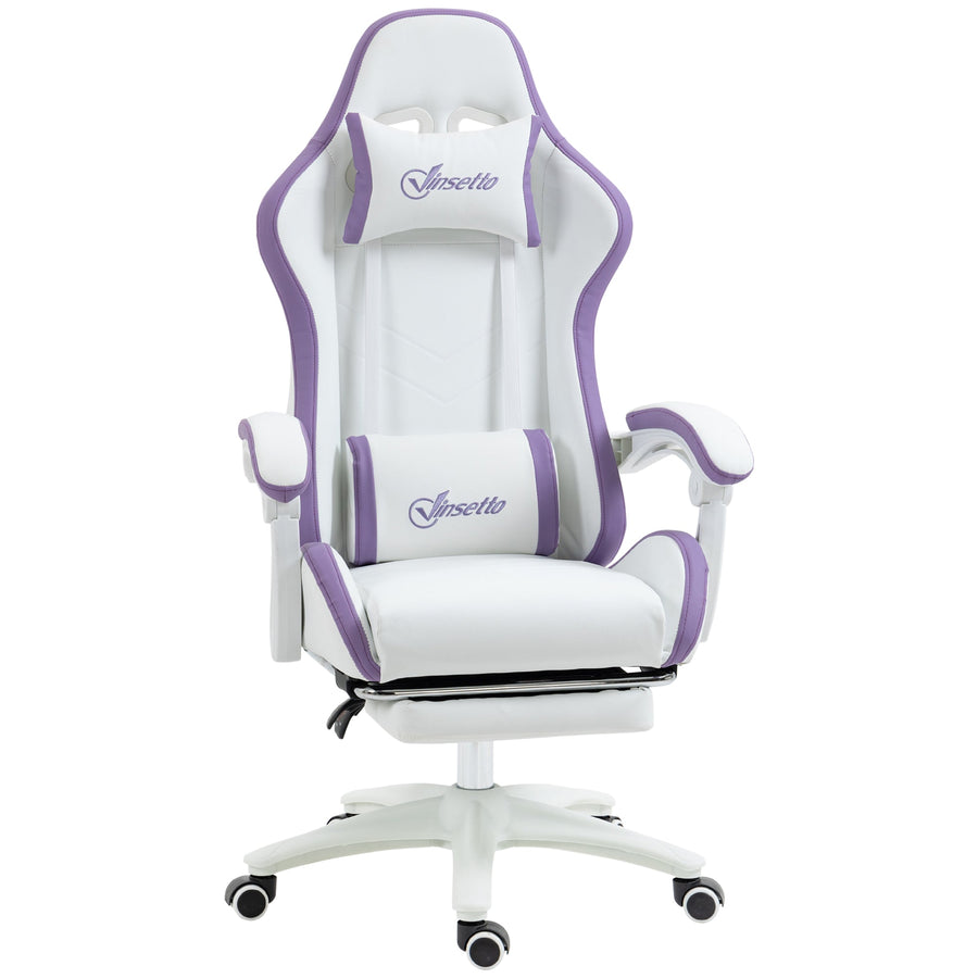 Vinsetto Computer Gaming Chair, PU Leather Office Desk Chair with Footrest, Swivel Wheels, 135 Reclining Back, Lumbar Support, Headrest for Home, White and Purple