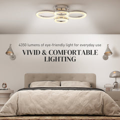 HOMCOM LED Ceiling Light, Modern 4 Rings Ceiling Lamp with Wall Switch Control, 40W 4350lm Flush Mount Ceiling Light with 3500K/4500K/6000K Colour Temperatures for Living Room, Bedroom, Silver Tone
