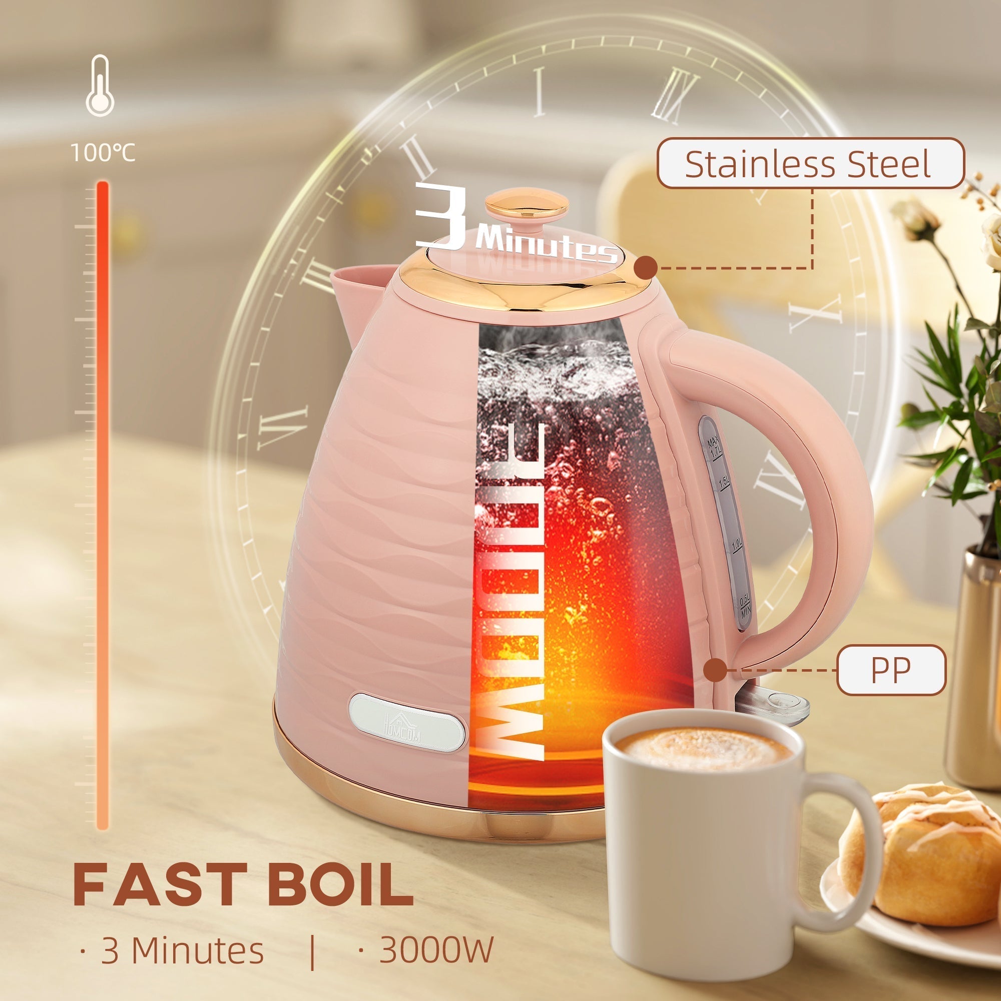 HOMCOM 3kW Rapid Boil Honeycomb Kettle - Pink