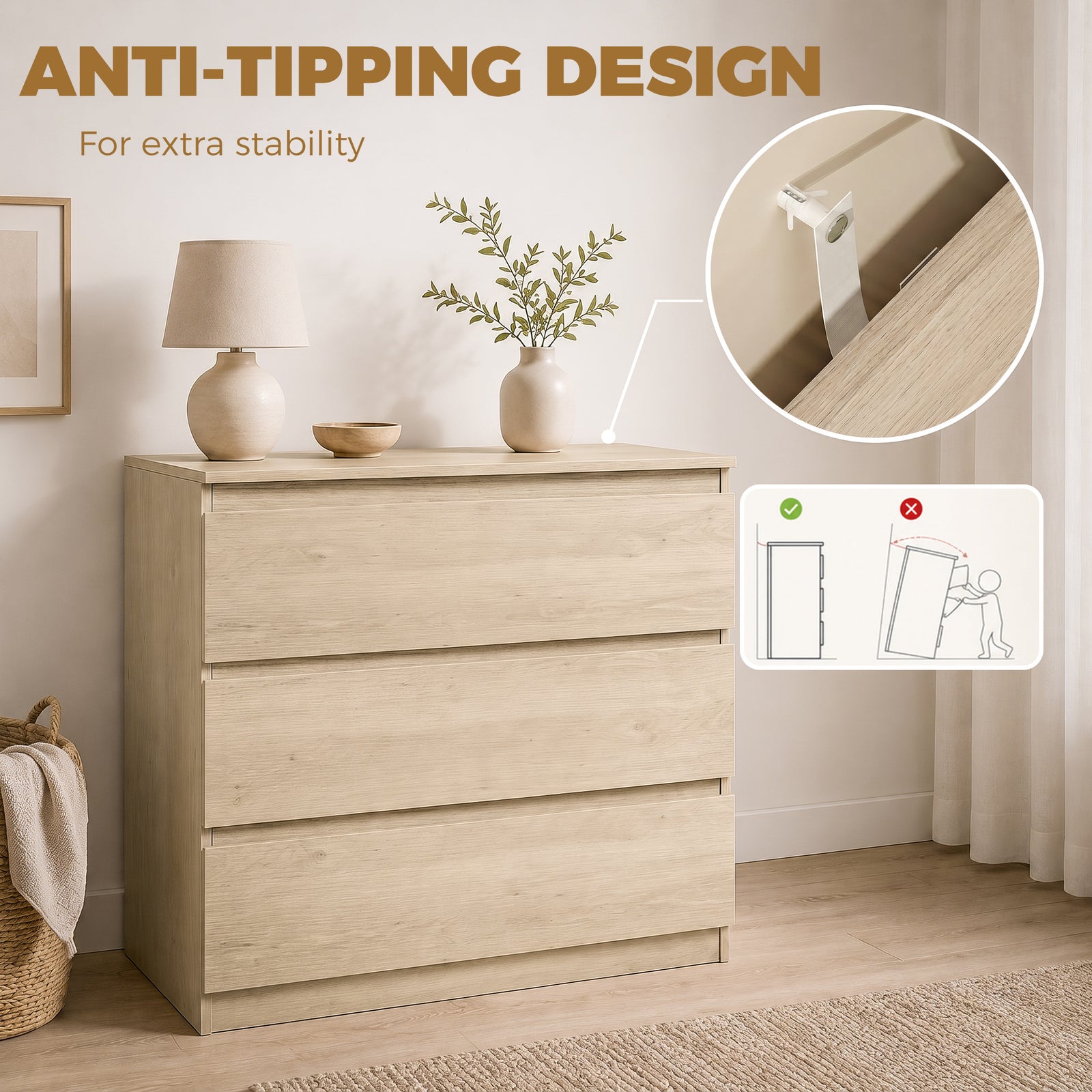 HOMCOM 3-Drawer Storage Organiser Unit, Chest of Drawers for Bedroom, Living Room, 80 x 39 x 73cm, Oak