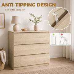 HOMCOM 3-Drawer Storage Organiser Unit, Chest of Drawers for Bedroom, Living Room, 80 x 39 x 73cm, Oak