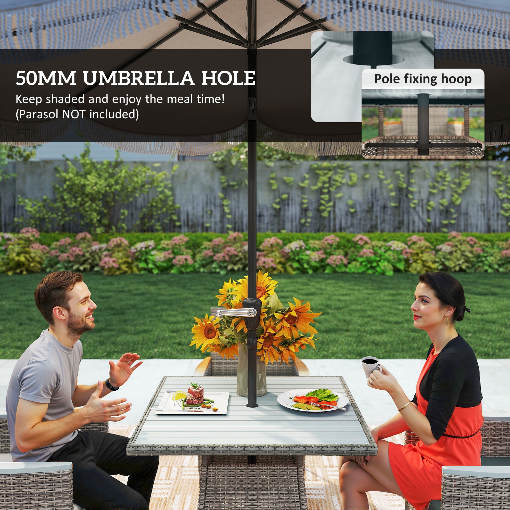 Outsunny Five-Piece Rattan Set, with Wood-Top Table - Grey