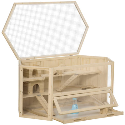 Wooden Large Hamster Cage Small Animal Exercise Play House 3 Tier with Sliding Tray, Seesaws, Water Bottle, Natural