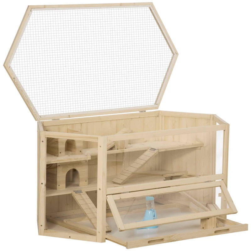 Wooden Large Hamster Cage Small Animal Exercise Play House 3 Tier with Sliding Tray, Seesaws, Water Bottle, Natural