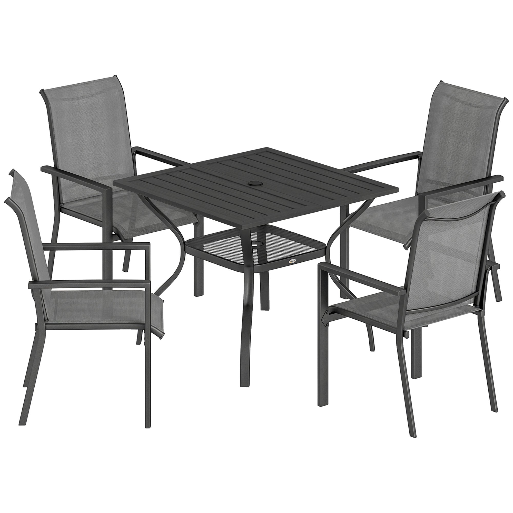 Outsunny 5 Pieces Outdoor Dining Set for 4, Garden Table and Stackable Chairs with Breathable Mesh Seat and Parasol Hole, Grey