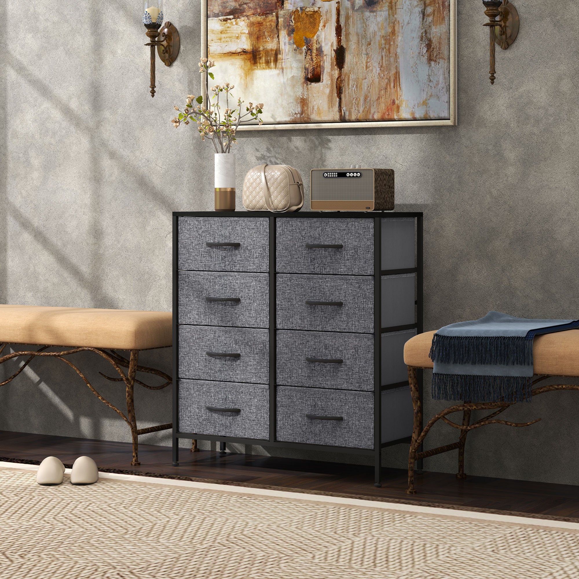 HOMCOM Fabric Chest of Drawers, Industrial Bedroom Dresser with 8 Fabric Drawers, Steel Frame and Wooden Top for Nursery, Living Room, Hallway, Black