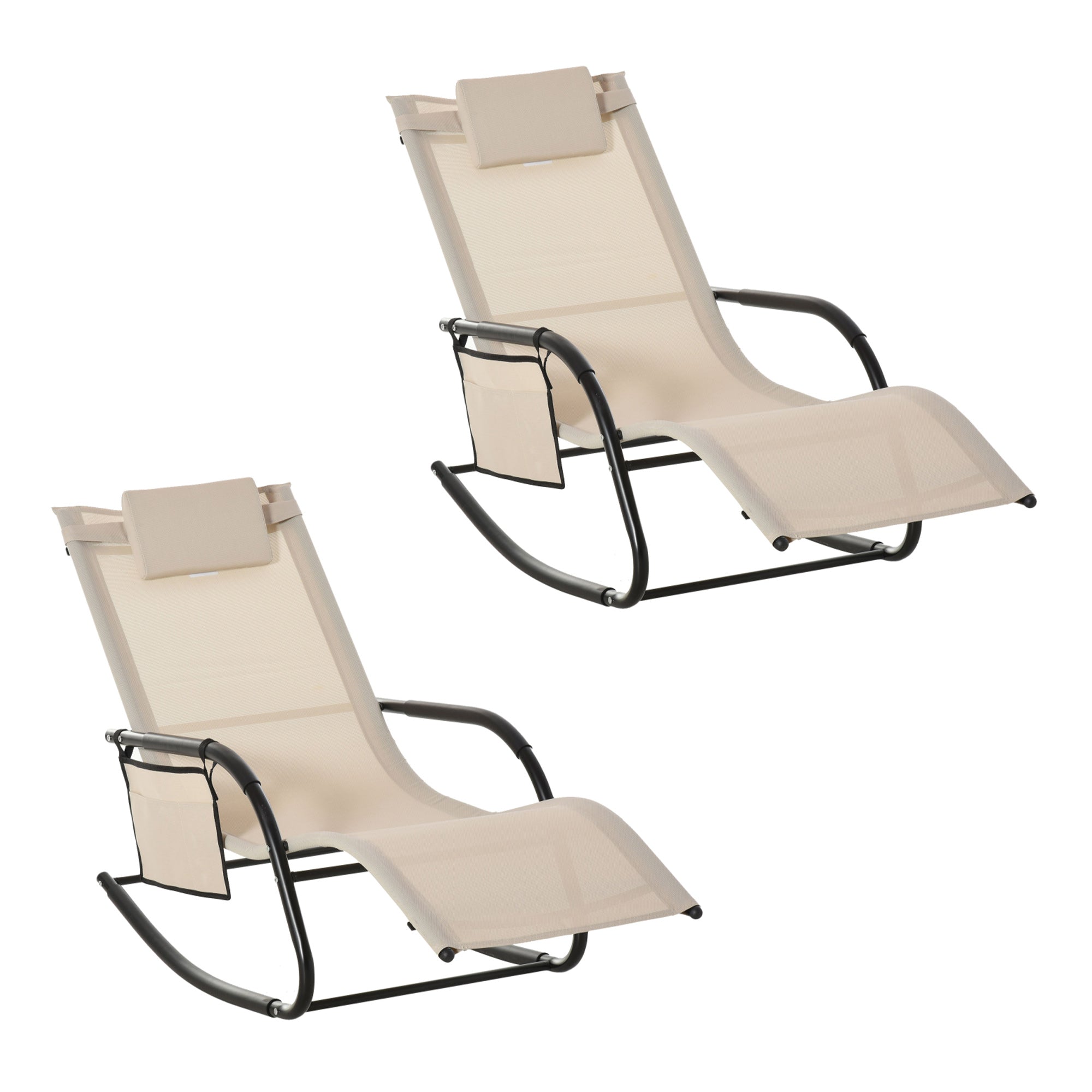 Outsunny 2PCs Outdoor Garden Rocking Chair, Patio Sun Lounger Rocker Chair with Breathable Mesh Fabric, Removable Headrest Pillow, Armrest, Side Storage Bag, Cream White