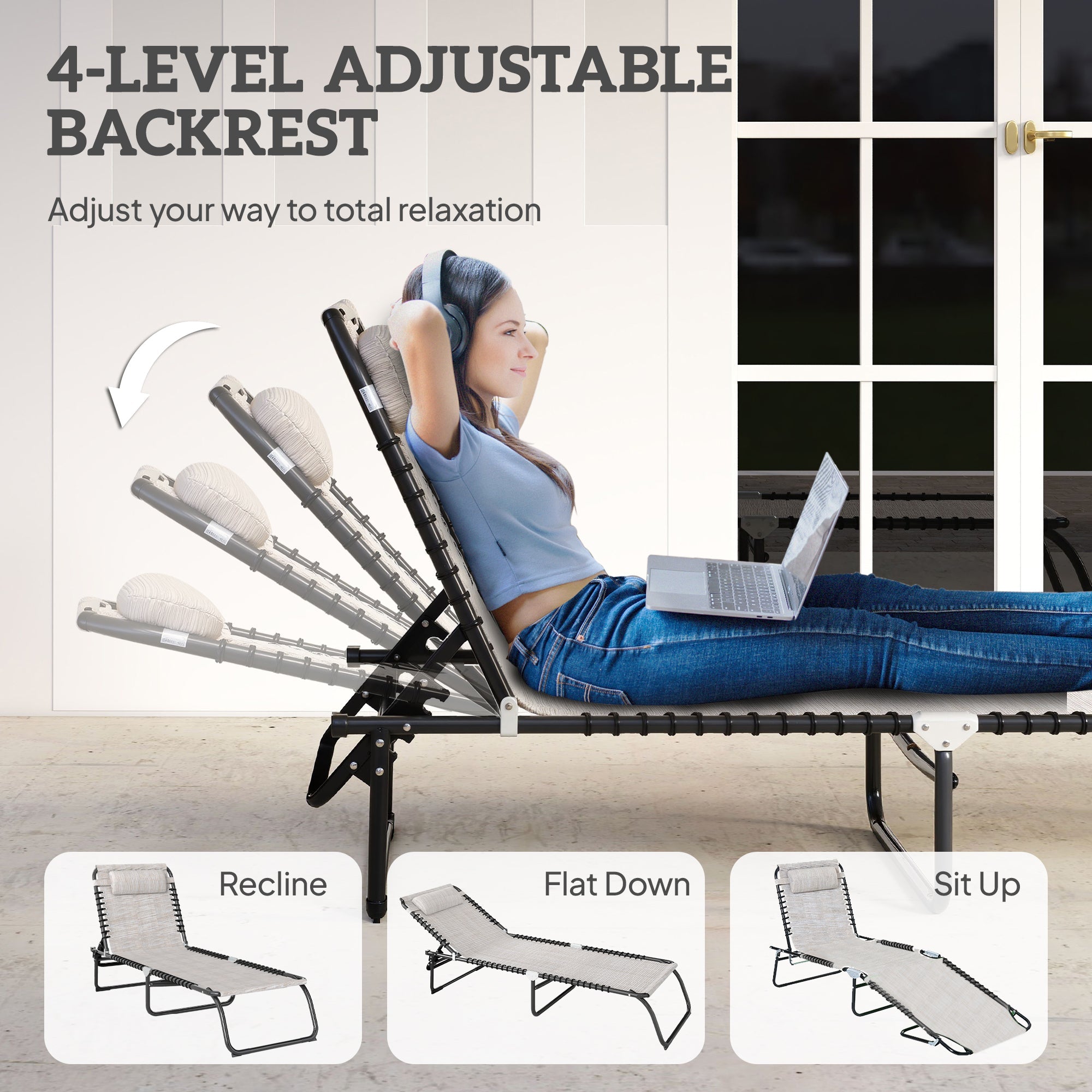 Outsunny Foldable Sun Lounger, Outdoor 4 Level Adjustable Backrest Reclining Chaise Chair, Steel Frame Recliner Chair for Camping, Hiking, Cream White