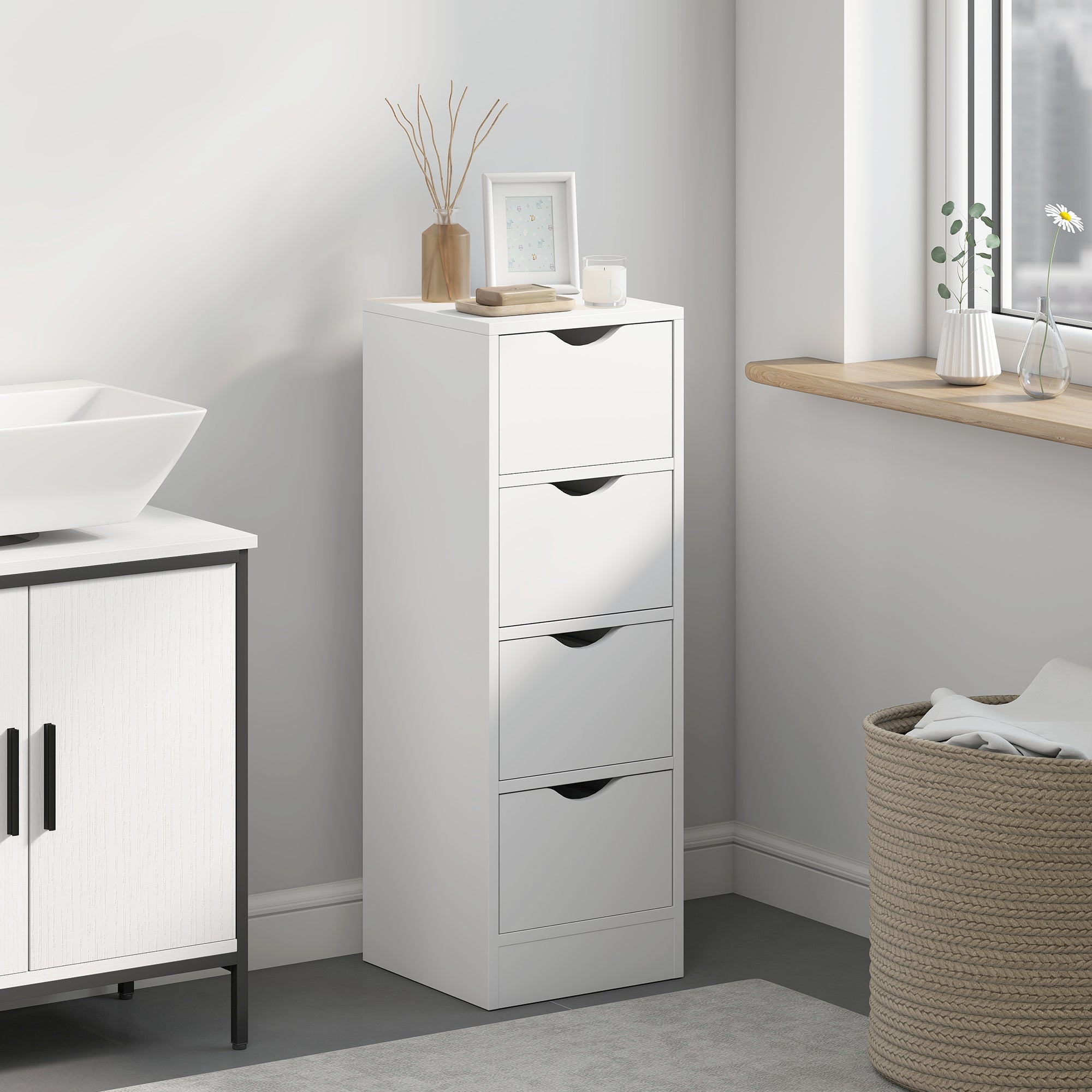HOMCOM 4-Drawer Bathroom Cabinet, Freestanding Narrow Storage Cabinet with Groove Handles for Small Spaces, White