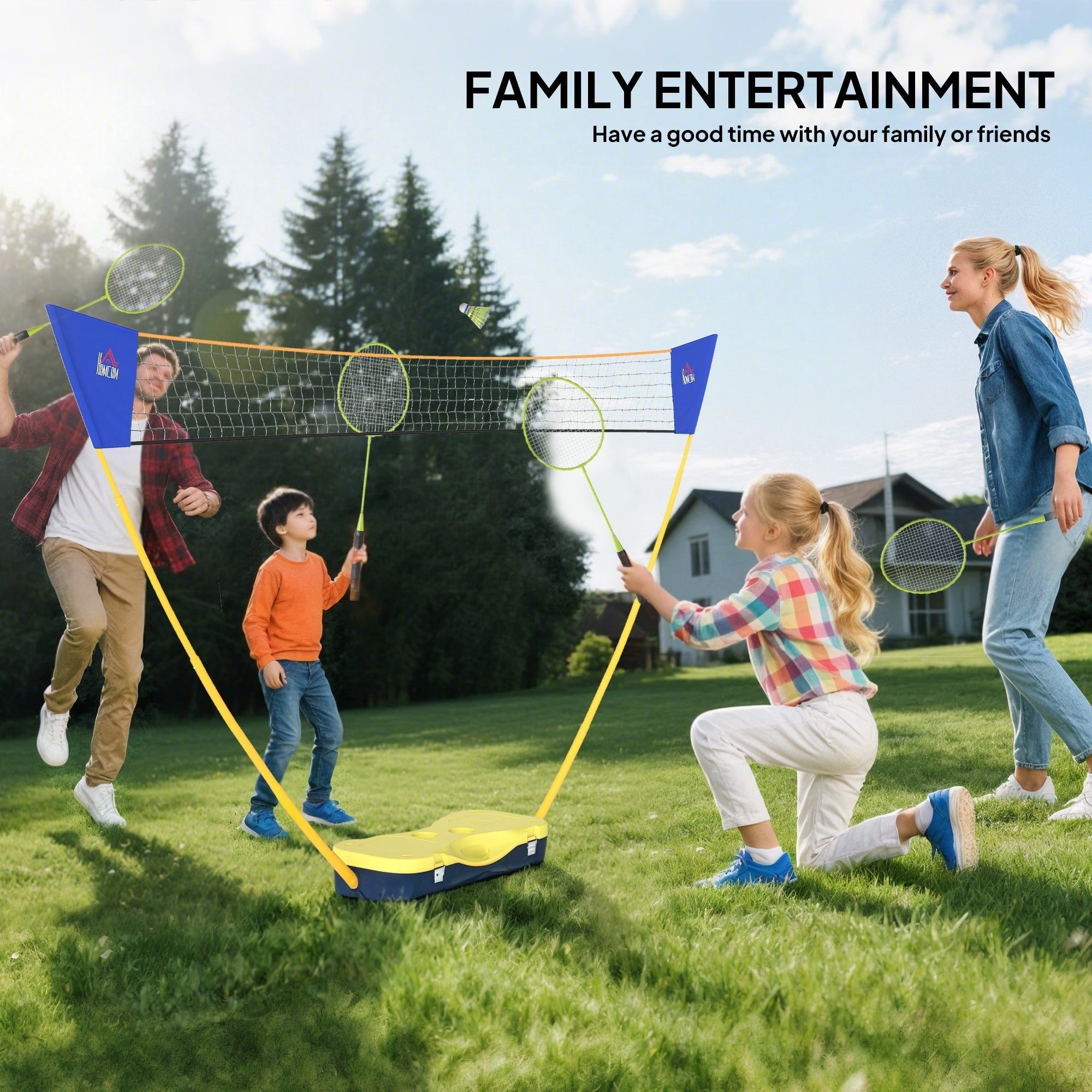 HOMCOM 2.8m Portable Folding Badminton Net Set with 4 Badminton Rackets and 2 Nylon Shuttlecocks, for Adults Kids Indoor Outdoor Exercise Training
