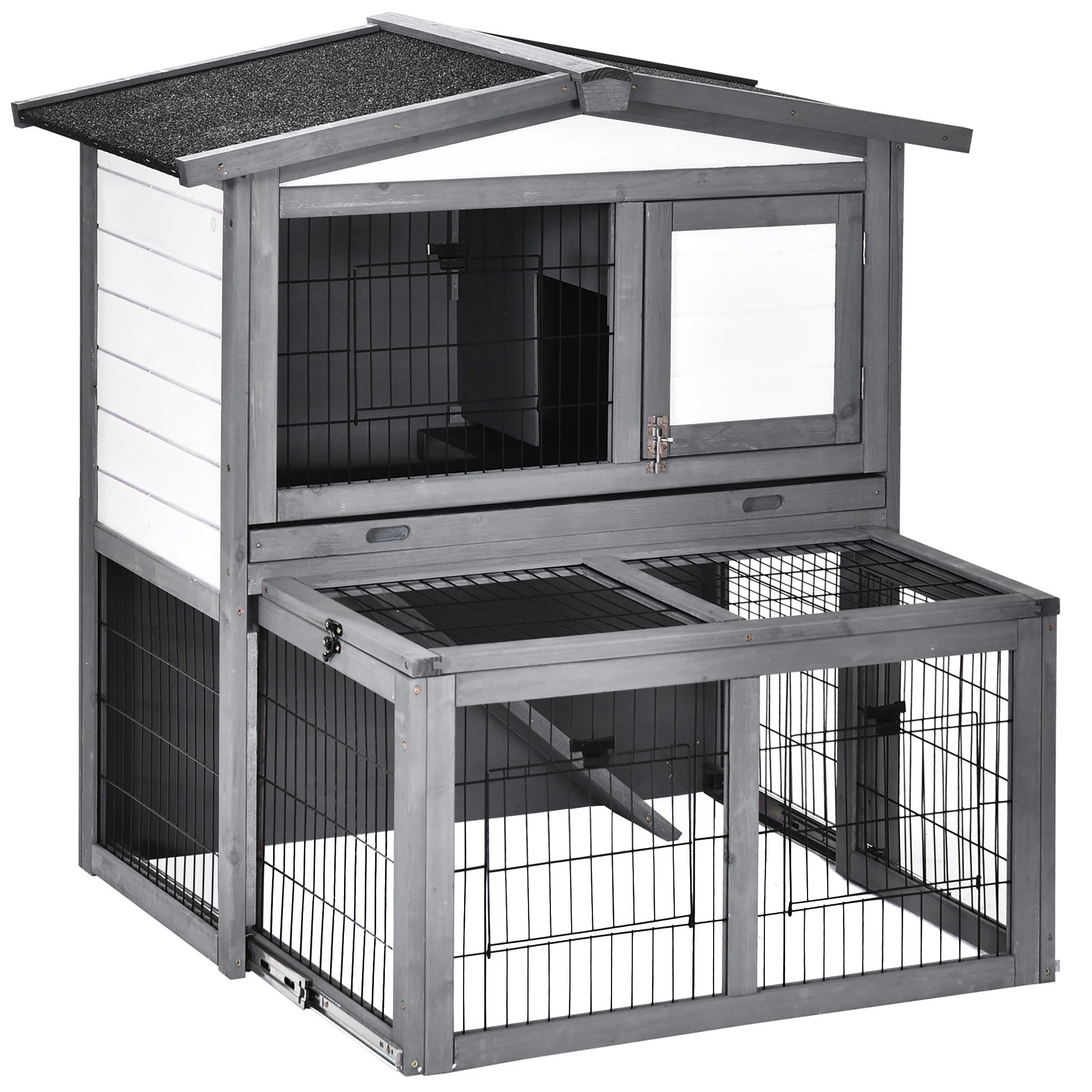 PawHut Rabbits 2-Tier Fur Wood Outdoor Hutch Guinea Pigs Hutches Grey