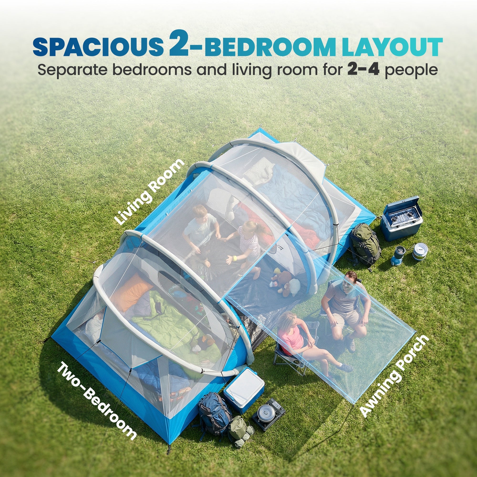 Outsunny Inflatable Tent 2 Bedroom 3000mm Waterproof Windproof Air Tent with Carry Bag for 2-4 Person