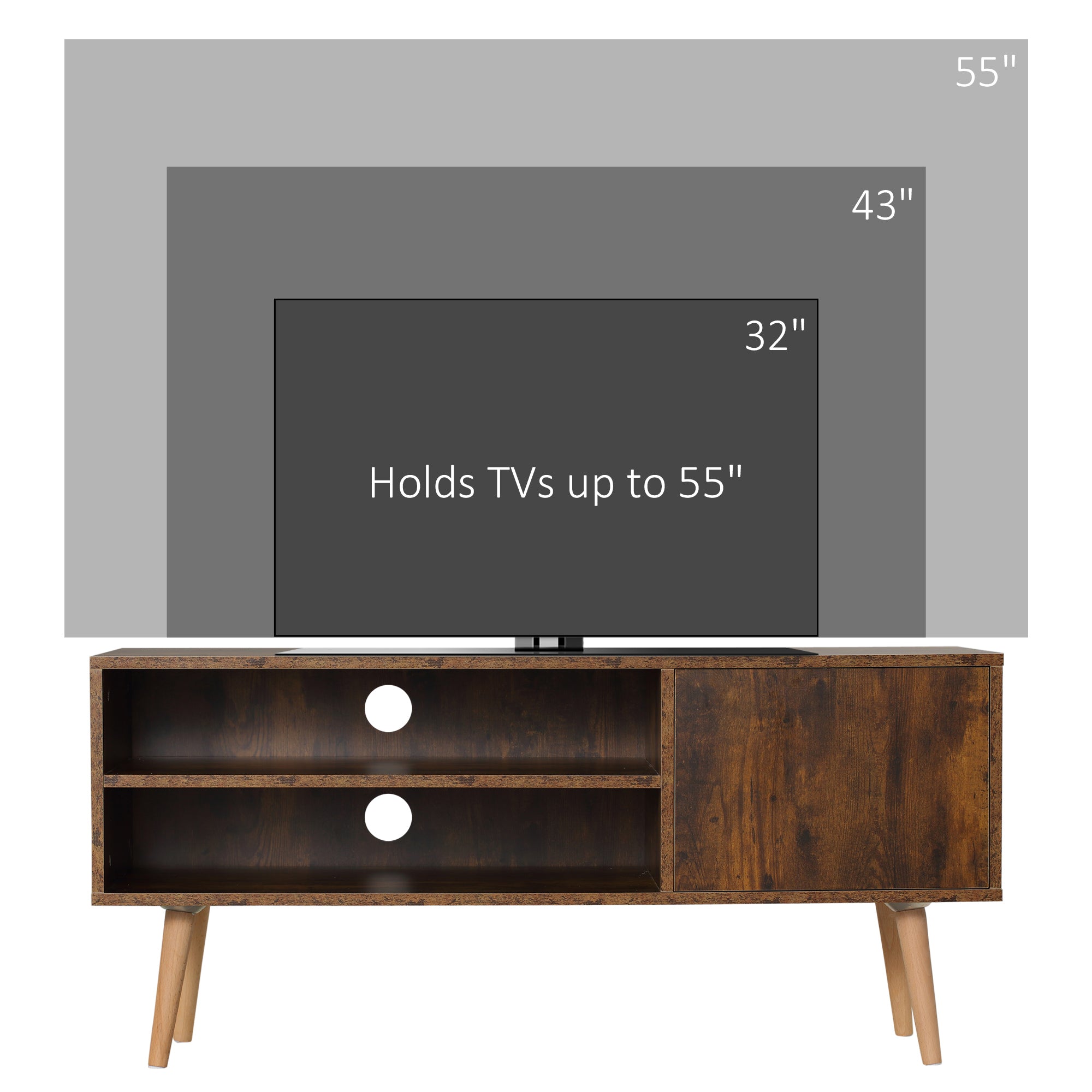 HOMCOM TV Stand Cabinet up to 55 Inches, TV Unit with Single Door and Open Shelves, Cable Holes for Living Room, Bedroom, Brown