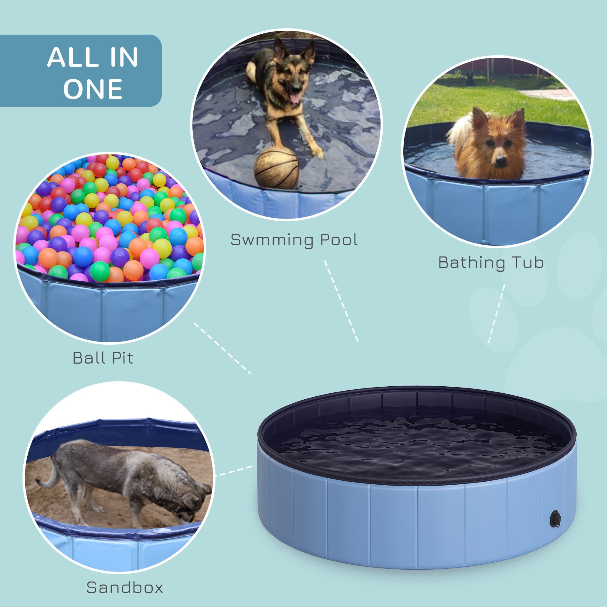 PawHut Dog Paddling Pool, Foldable Dog Pool, Leakproof & Hard Plastic, Portable Pet Bathtub with Non-Slip Base & Drainage Hole, for Indoors, Outdoors, Garden, Patio, 120 x 30 cm, Blue