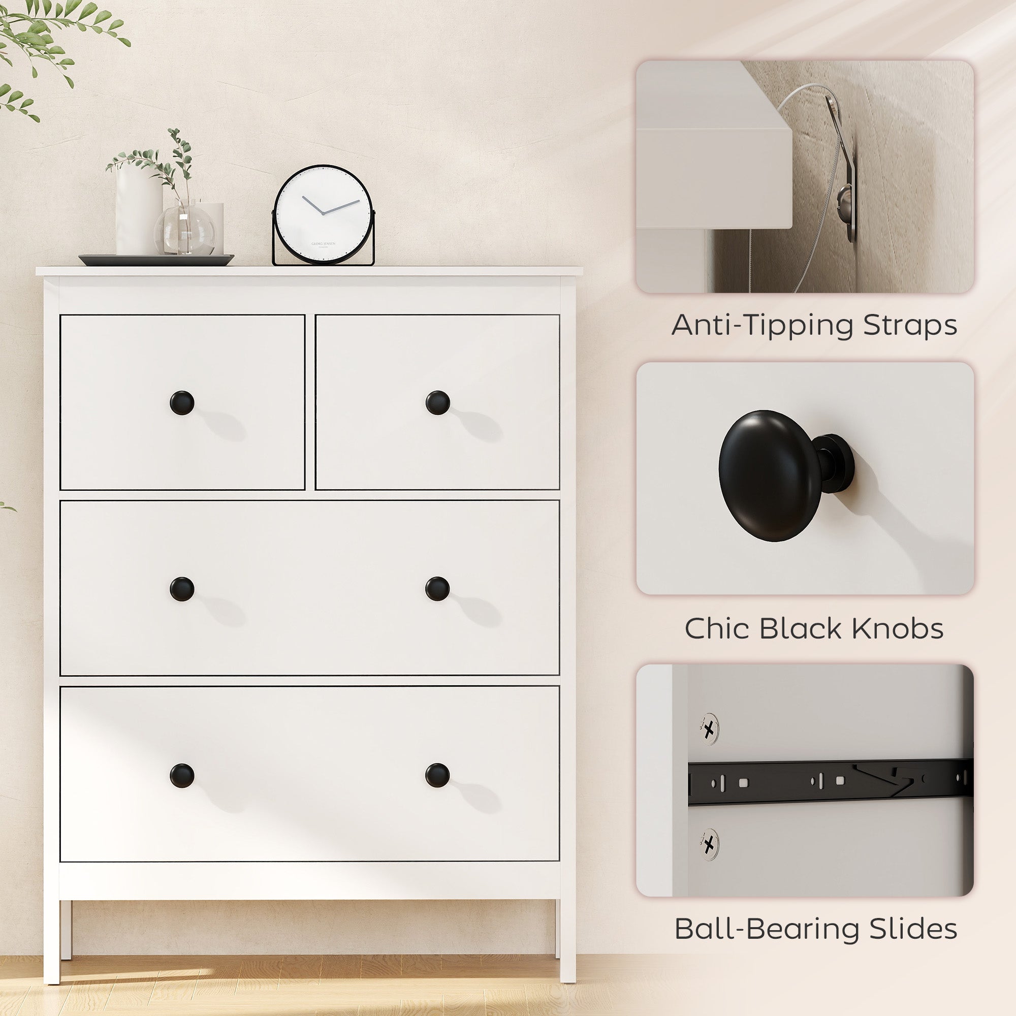 HOMCOM Modern Chest of Drawers, 4 Drawer Dresser Clothes Storage Organiser for Living Room, Hallway, Entryway, White