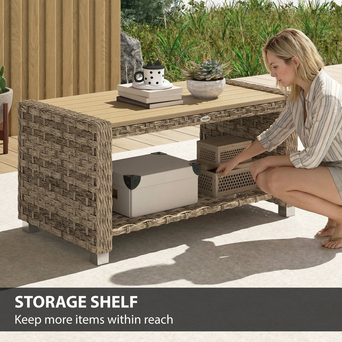 Outsunny Outdoor Coffee Table with Storage Shelf, PE Rattan Side Table with Slatted Top and Foot Pads, Light Brown