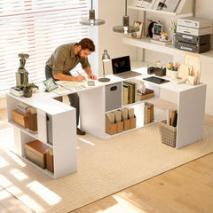 HOMCOM L Shaped Computer Desk, 110 x 100cm Reversible Corner Desk with Fabric Drawer and Storage Shelves, White