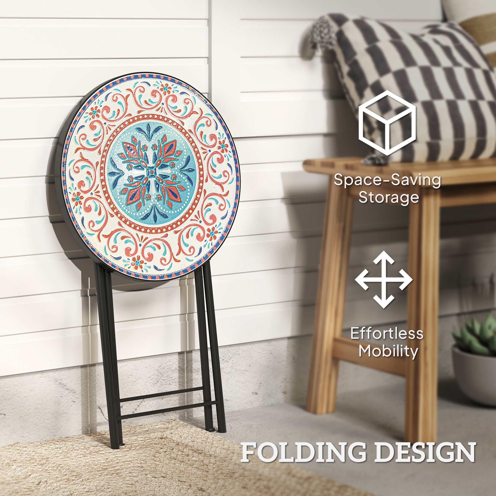 Outsunny Mosaic Outdoor Garden Table, 35.5cm Round Folding Coffee Table with Metal Frame for Balcony Terrace, Multicolour