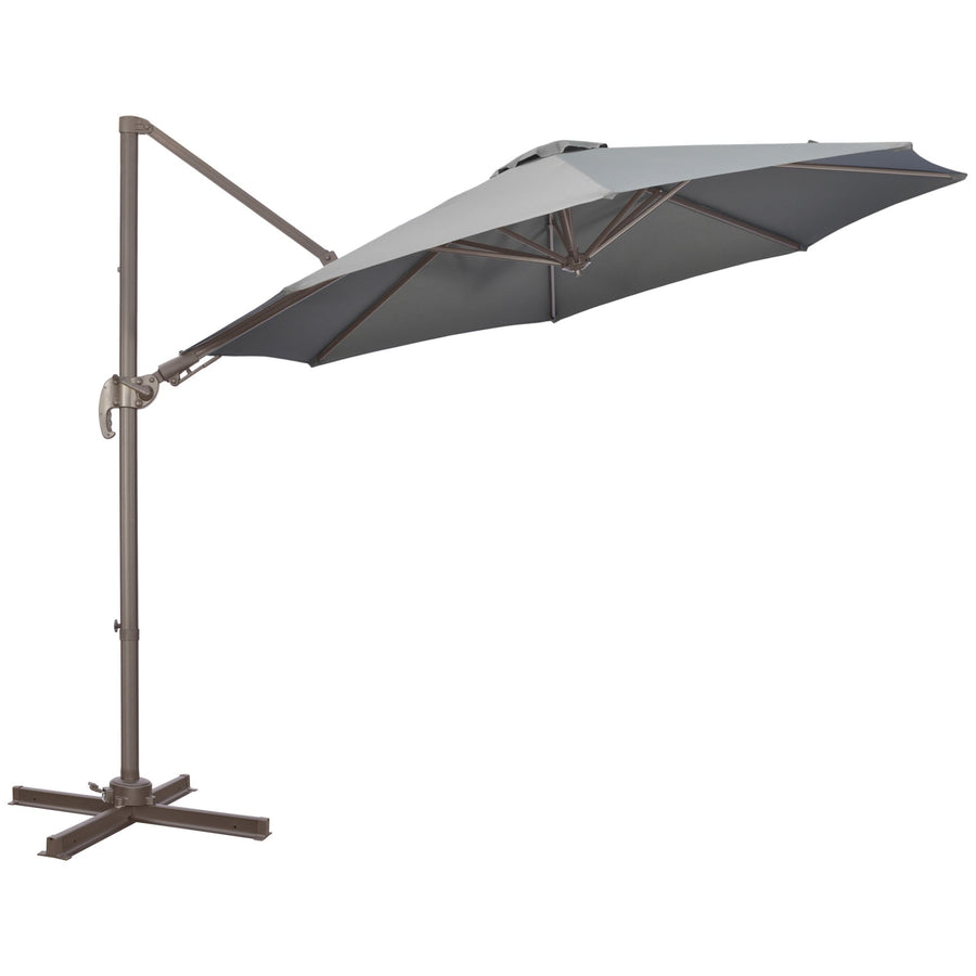 Outsunny 3(m) Cantilever Parasol 360 Rotation Roma Umbrella Hanging Sun Shade with Aluminium Frame, Tilt Crank, 8 Ribs and Cross Base, Dark Grey