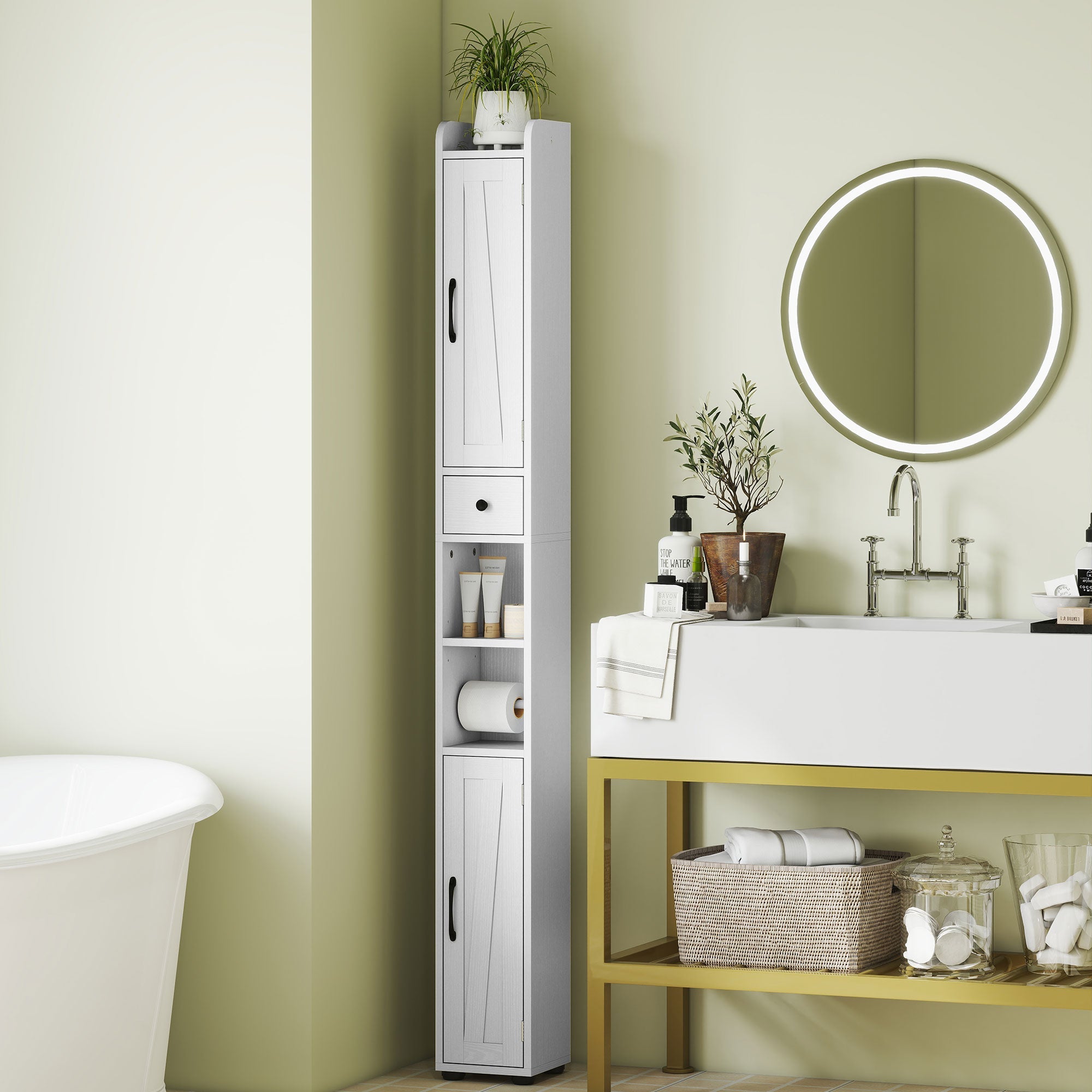 HOMCOM Tall Bathroom Cabinet, Farmhouse Slim Bathroom Storage Cabinet with Barn Doors, Toilet Paper Roll Holder, Drawer and Adjustable Shelves, Narrow Bathroom Storage Unit, 20 x 20 x 185cm, White