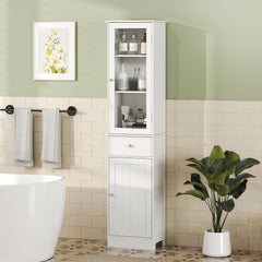 kleankin Bathroom Storage Cabinet with 3-tier Shelf Drawer Door, Floor Cabinet Free Standing Tall Slim Side Organizer Shelves, White