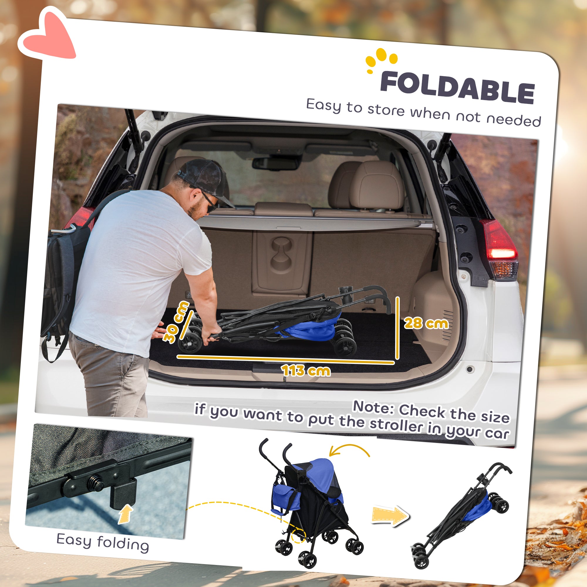 PawHut Foldable Dog Stroller, Lightweight Dog Pram w/ Shoulder Strap, Storage Bag, Cup Holder, Dark Blue