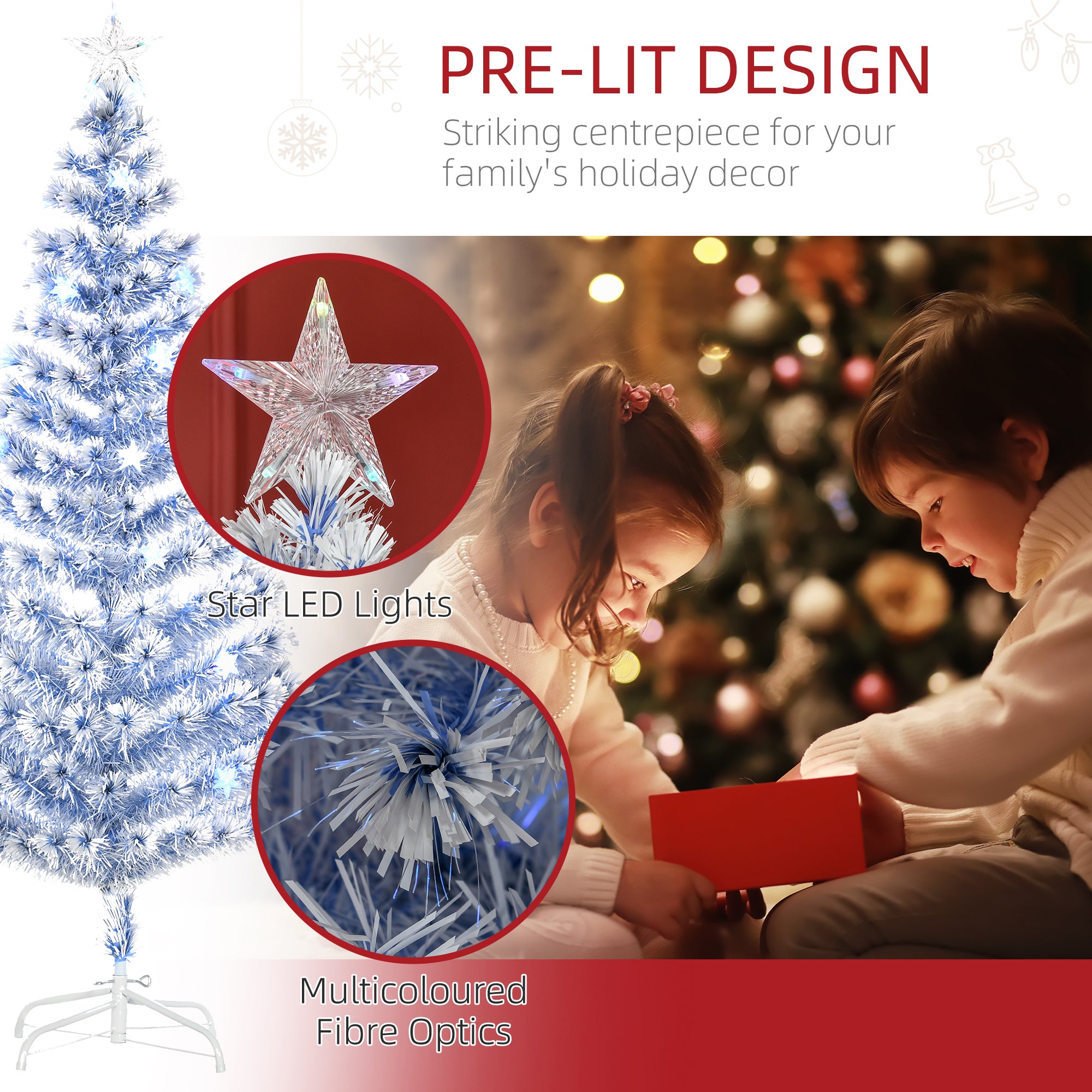 HOMCOM 6FT Artificial Fibre Optic Christmas Tree Seasonal Decoration w/ LED Lights Pre-Lit Easy Store White Blue