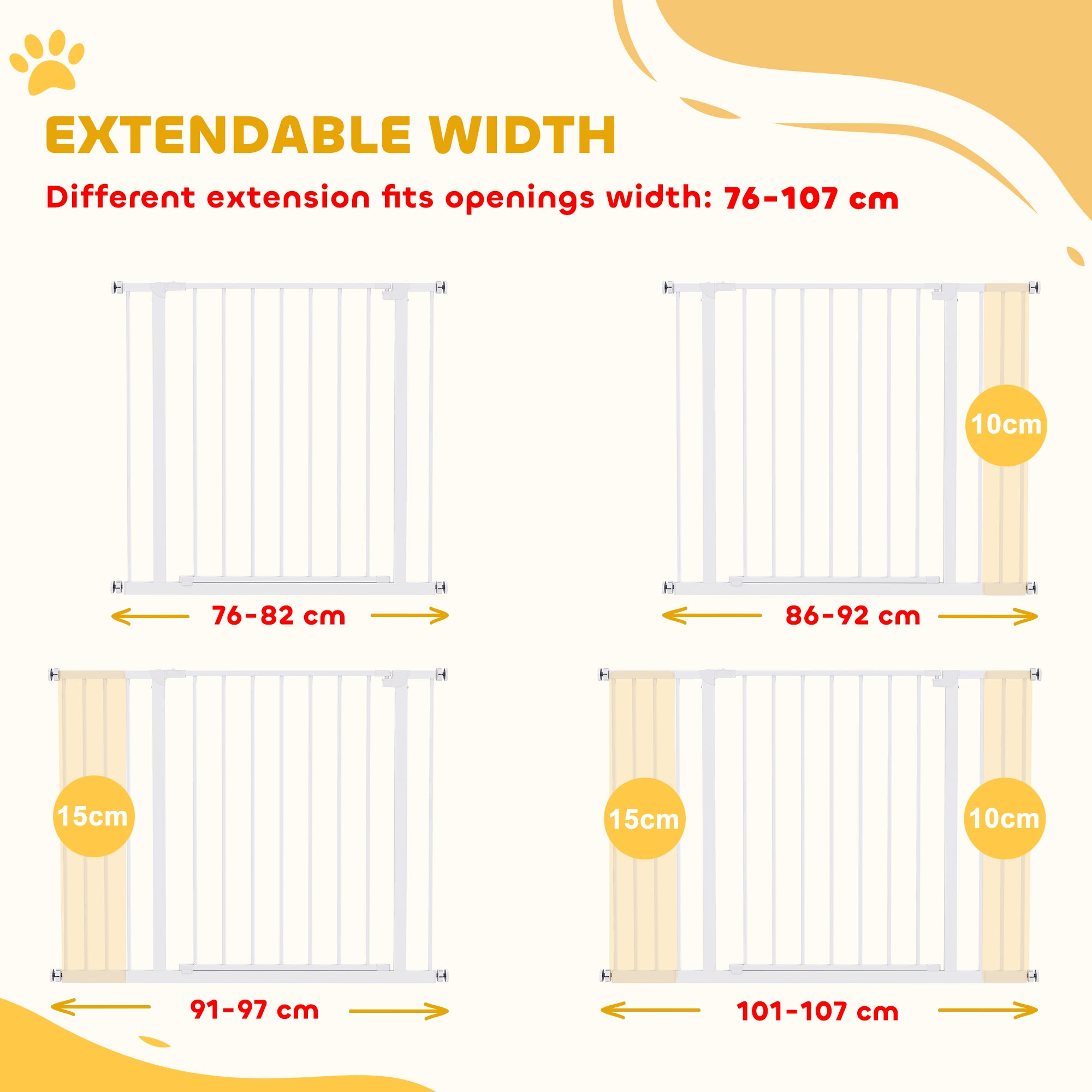 PawHut Dog Gate Pet Safety Gate Stair Barrier Pressure Fit Adjustable 76-82/86-97/101-107 cm, White