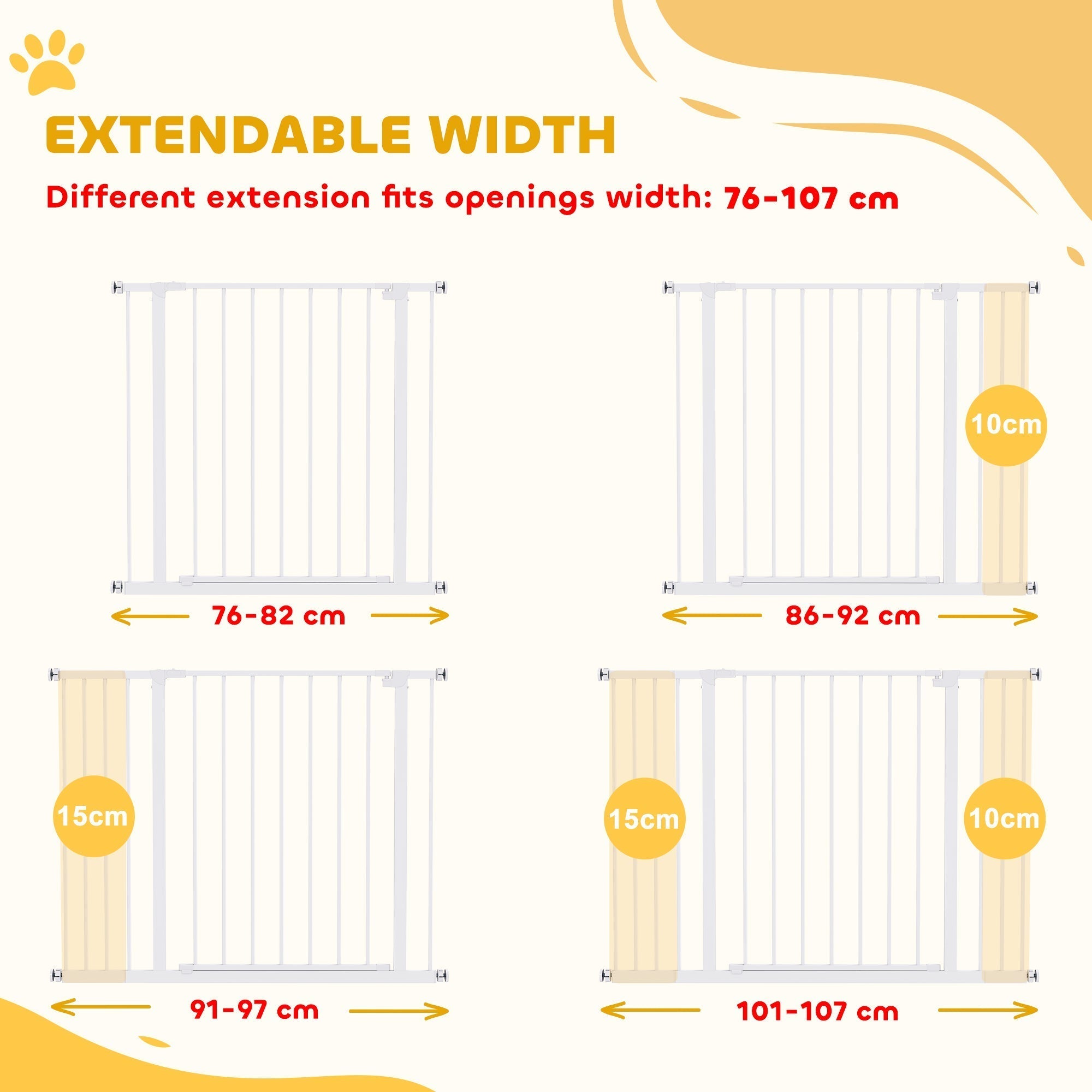PawHut Dog Gate Pet Safety Gate Stair Barrier Pressure Fit Adjustable 76-82/86-97/101-107 cm, White