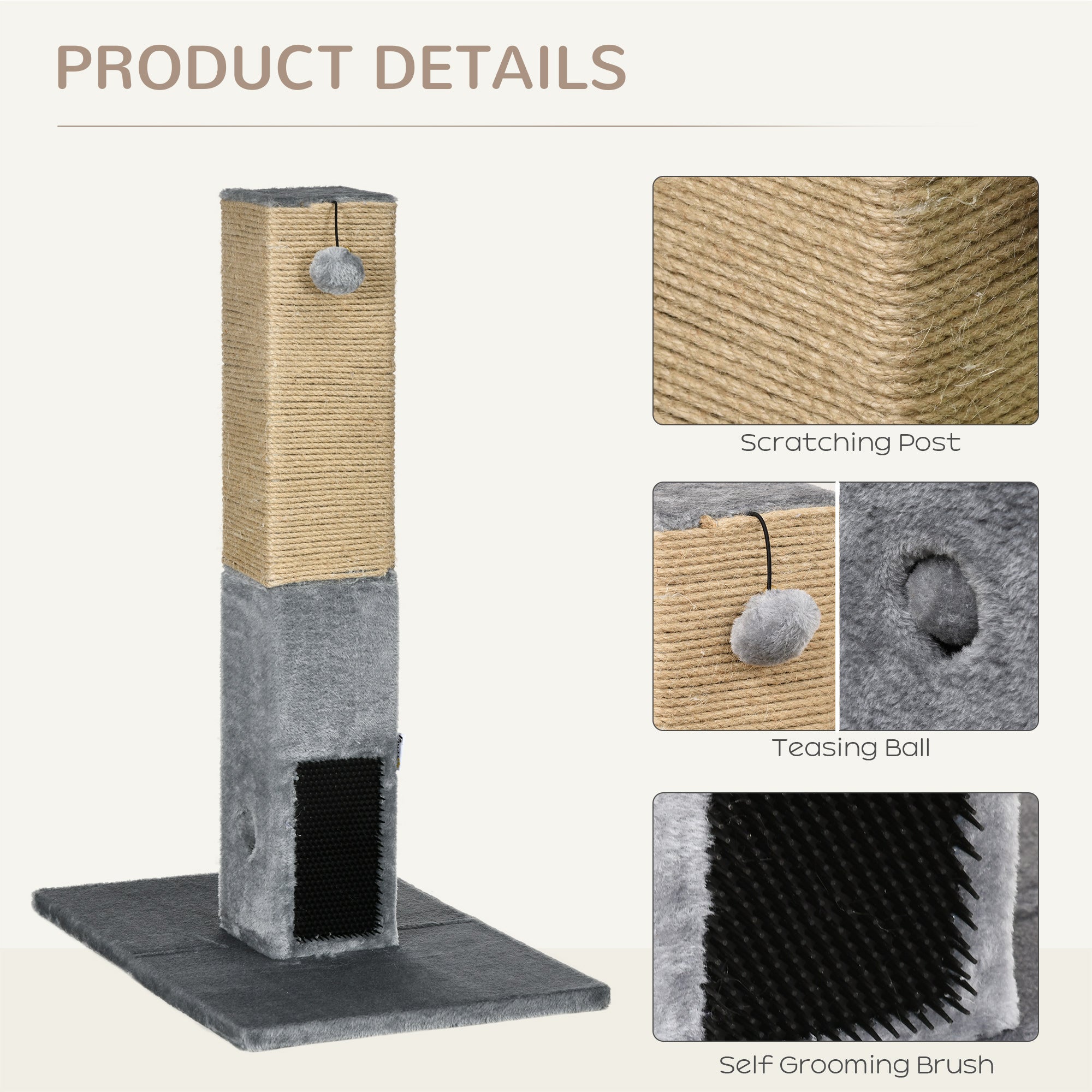 PawHut Cat Tree Scratching Post for Indoor Cats 79cm Jute Scratcher Climber w/ Carpet Base Dangling Toy √¢‚Ç¨‚Äú Grey
