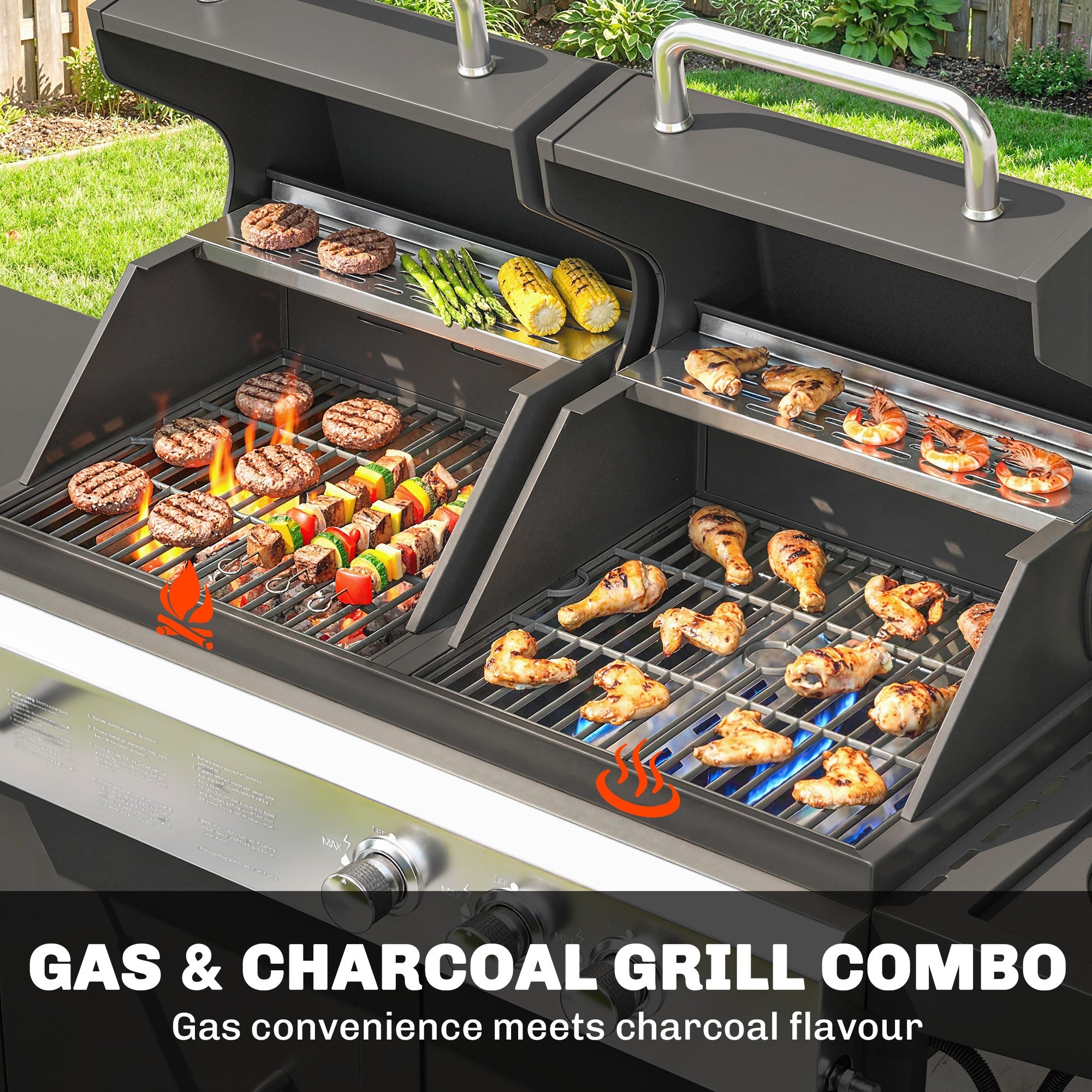 Outsunny 2+1 Burner Hybrid Dual Fuel BBQ Gas Grill, 2-in-1 Propane & Charcoal Barbecue Grill Smoker Combo with Wheels, Black