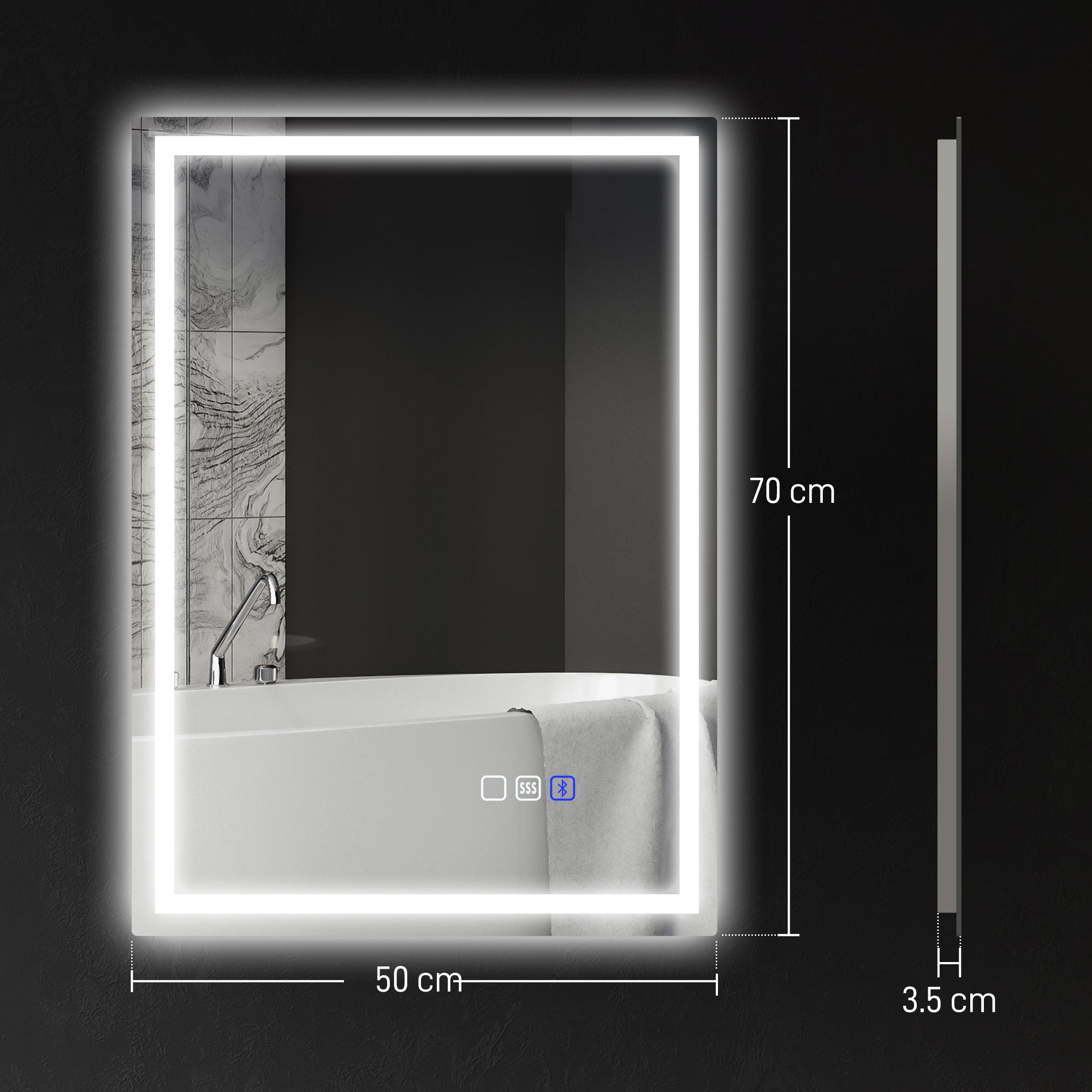 HOMCOM 70 x 50 cm Bluetooth Bathroom Mirror - Silver-Tone