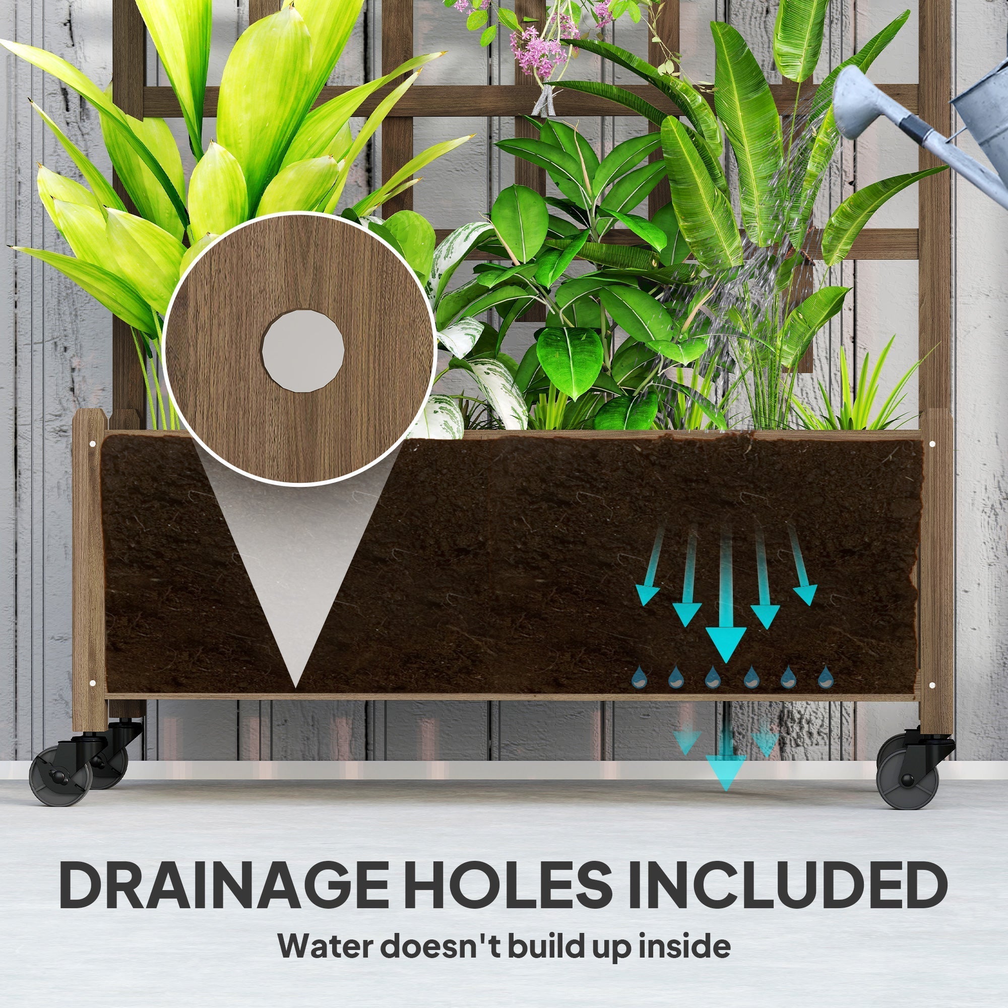 Outsunny Wooden Trellis Planter, Raised Garden Bed with Wheels, to Climb and Grow Vegetables, Herbs and Flowers, Brown