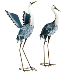 Outsunny Heron Garden Statues, Standing Garden Ornament, Metal Garden Gift with Stakes, Blue & White