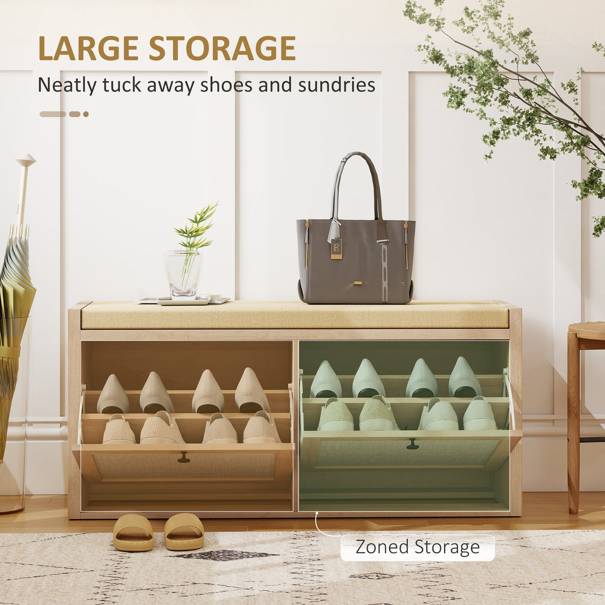 HOMCOM Rattan Shoe Bench with Padded Cushion and 2 Cabinets for Hidden Storage, Oak Wood Effect