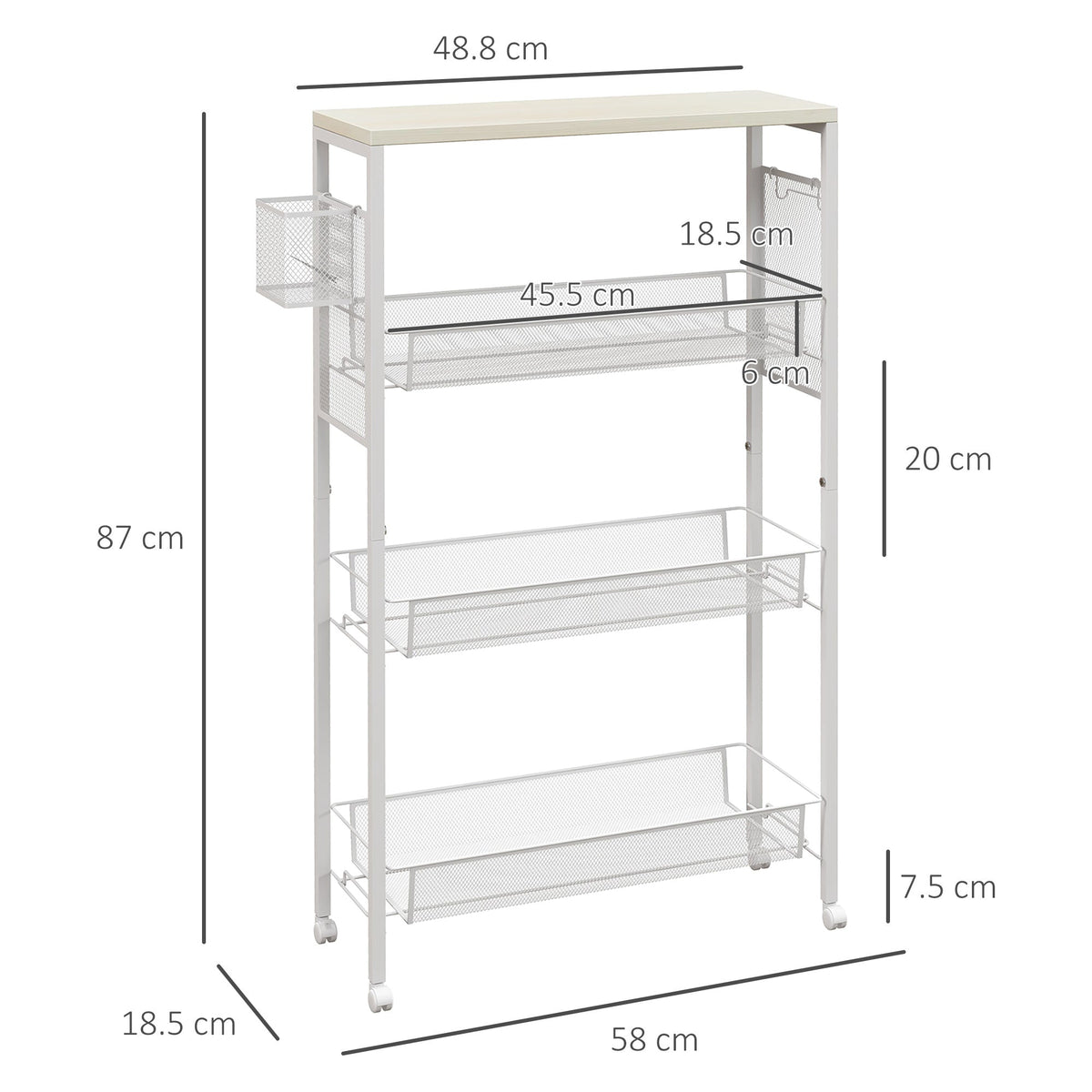 HOMCOM 3-Tier Kitchen Cart with 3 Steel Wire Baskets - White