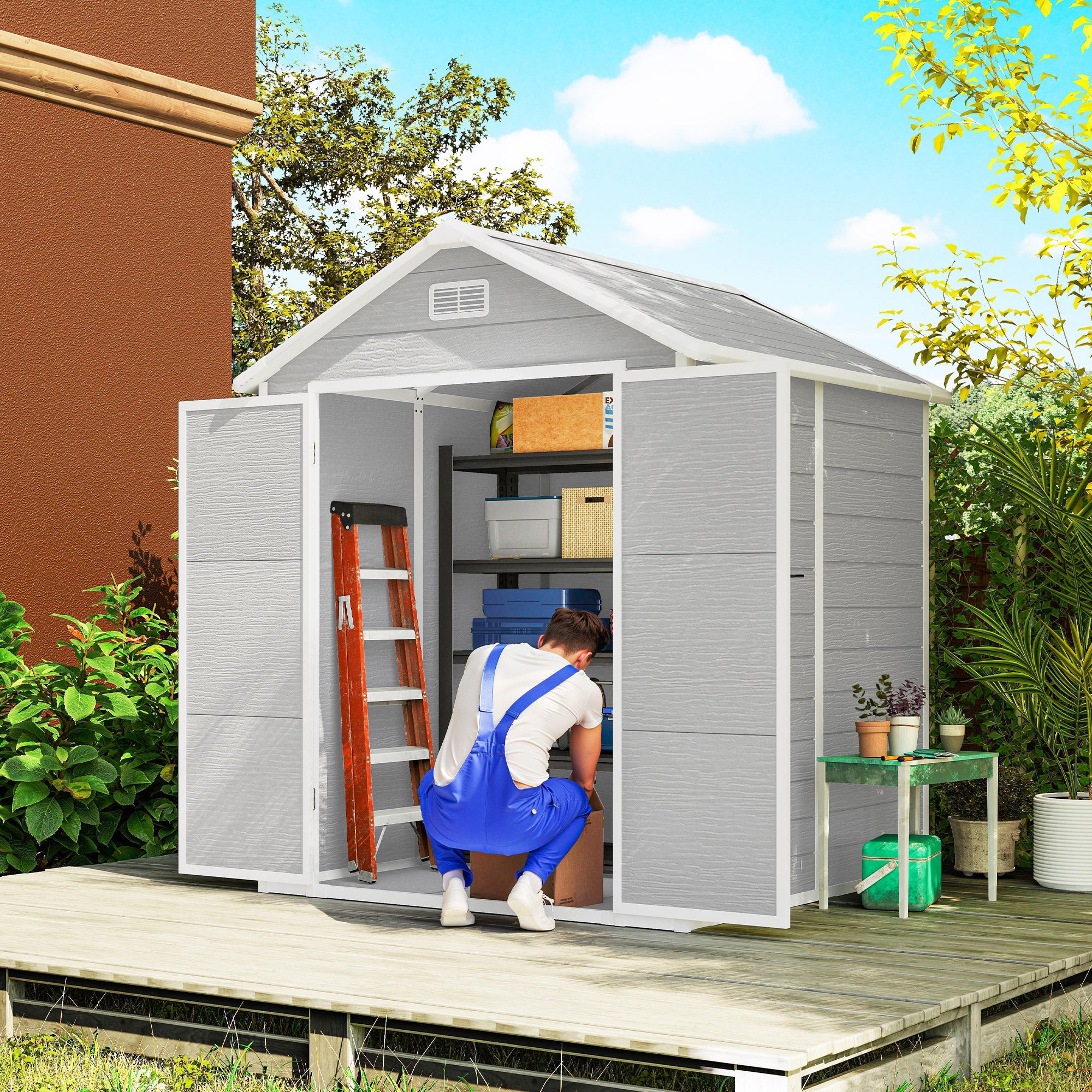 Outsunny 6 x 5ft Garden Shed, Plastic Shed with Floor, Window, Lockable Doors and Vents, Wood Effect Resin Tool Shed for Outdoor Patio, Light Grey