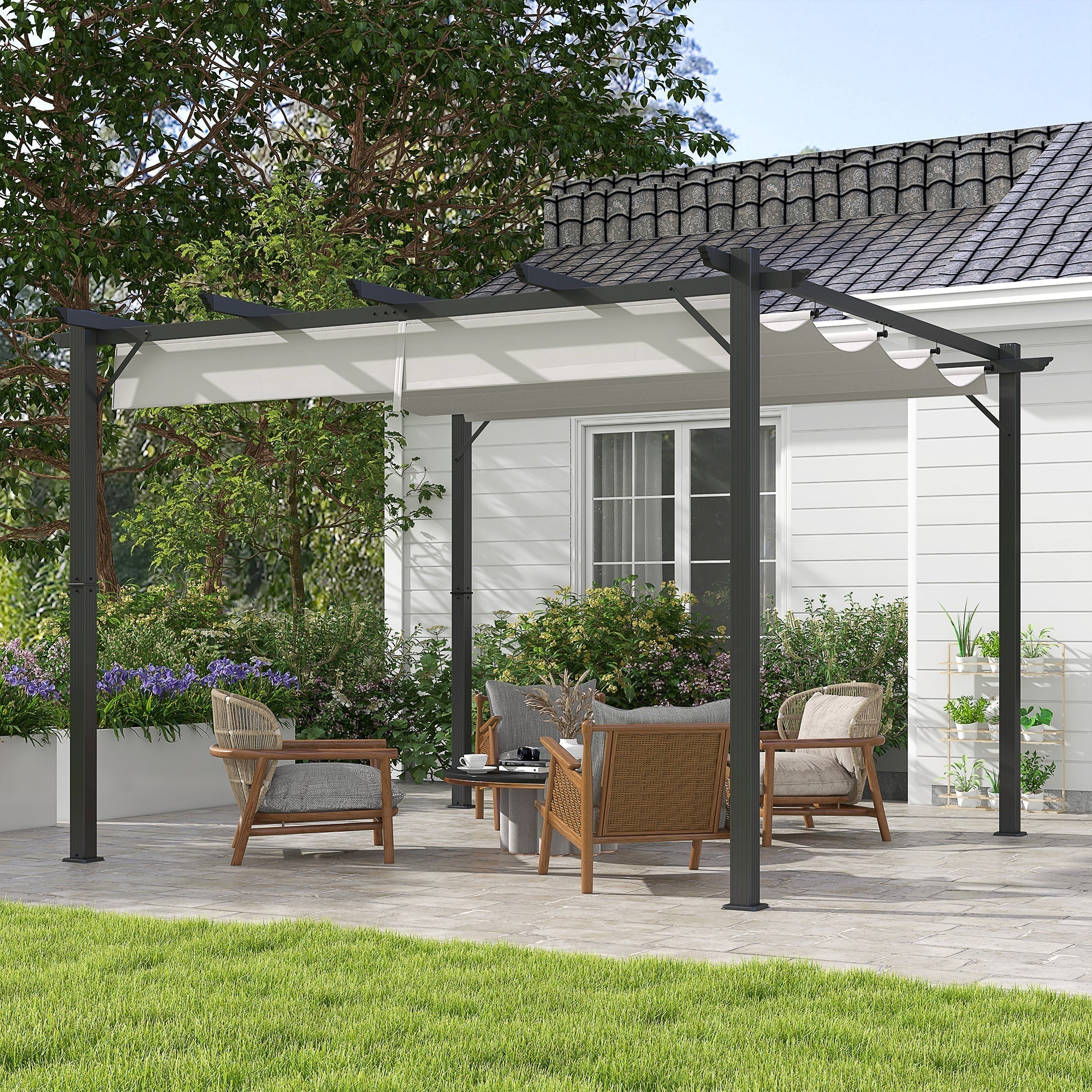 Outsunny 3 x 3 Pergola with Retractable Roof Aluminium Canopy for Garden, Light Grey