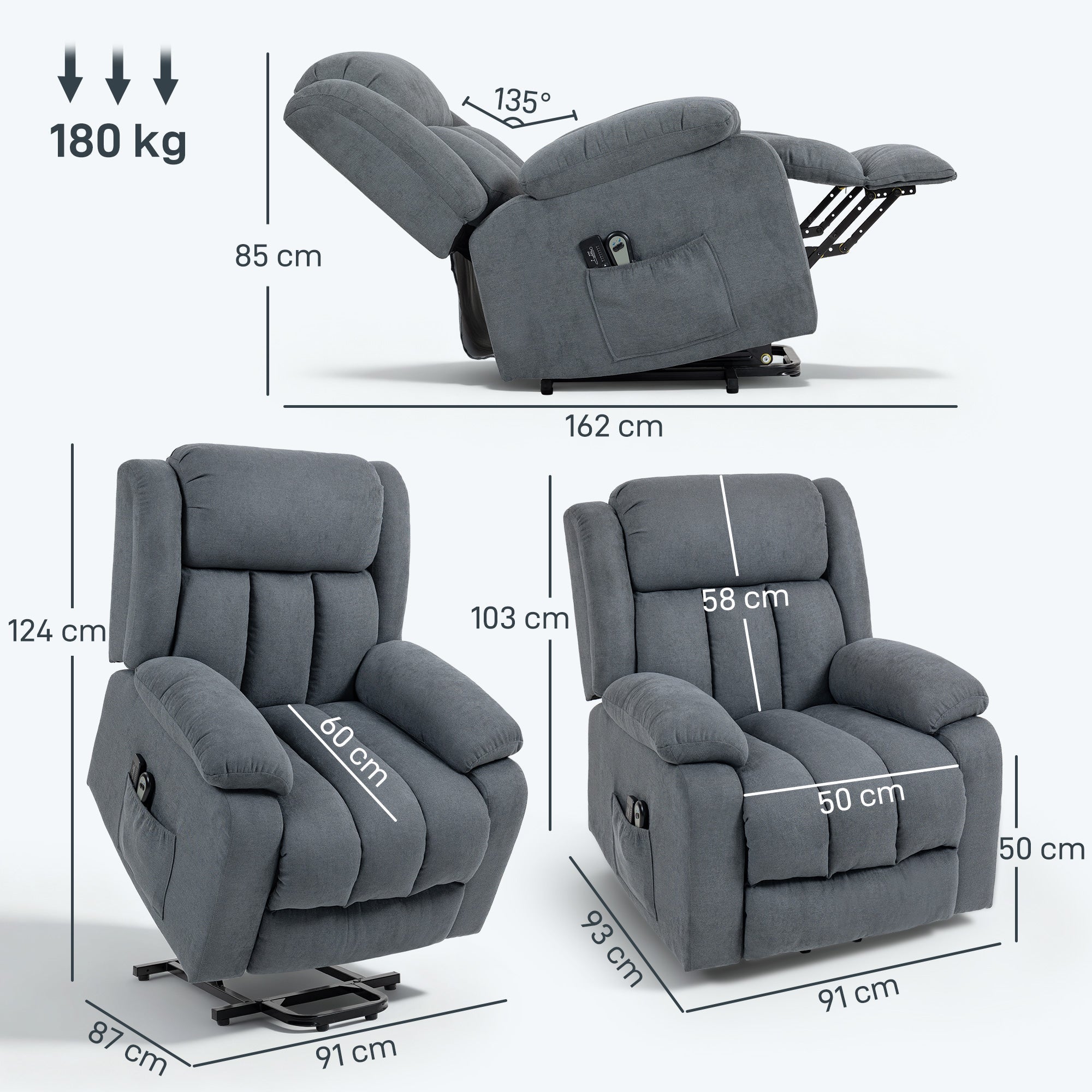 HOMCOM Power Lift Recliner Chair with Massage, Overstuffed Lift Chair for Elderly with Footrest, Remote and Side Pocket, Grey