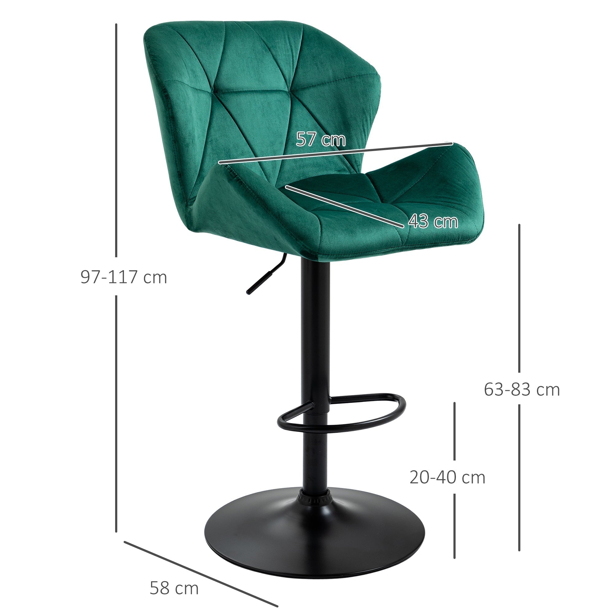 HOMCOM Bar Stools Set Of 2, Velvet-Touch Barstools with Metal Frame Footrest and Adjustable Height, Green