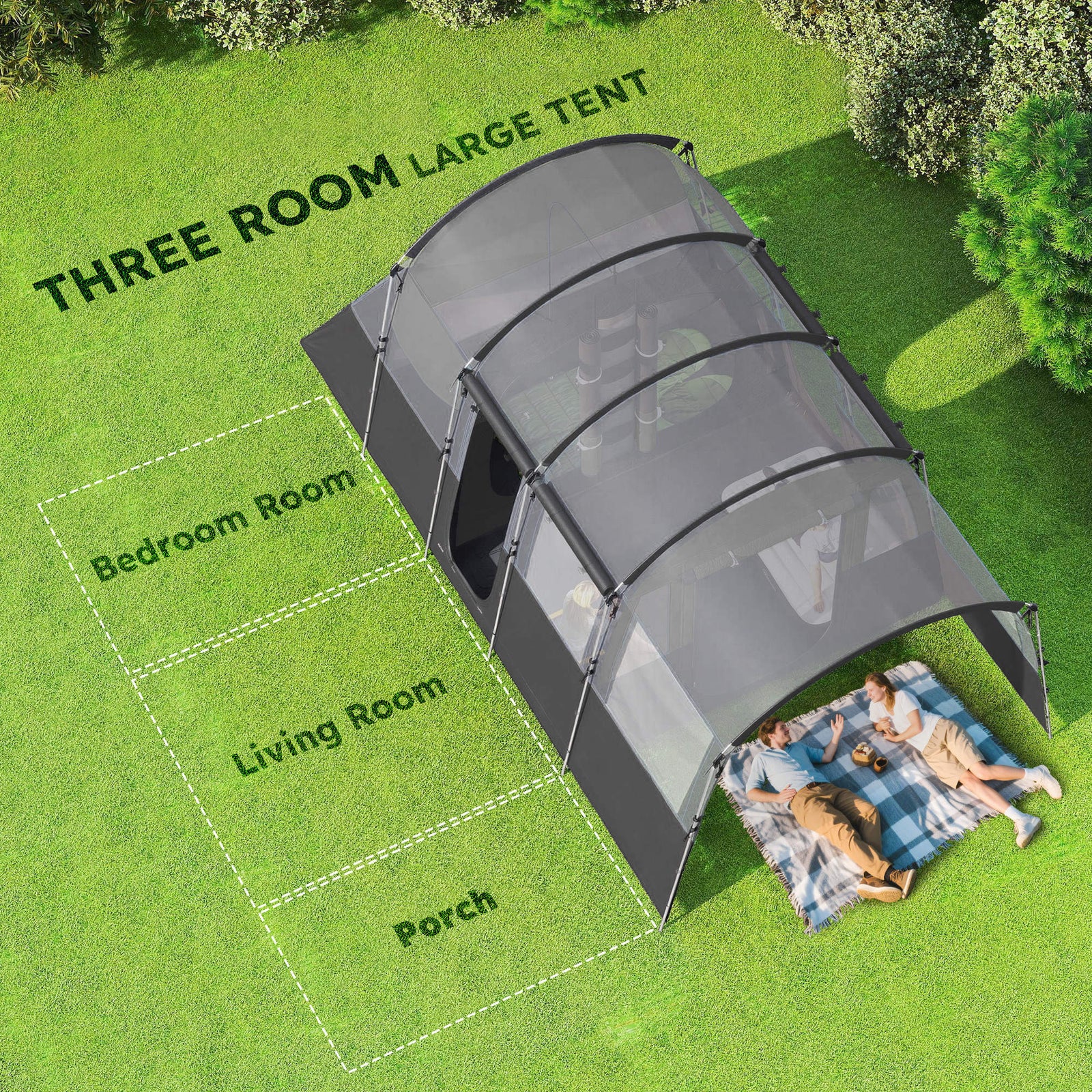 Outsunny 4 Person Camping Tent, Waterproof Family Tent, Tunnel Design, 4 Large Windows, Sleeping Cabins 3000mm Water Column Grey