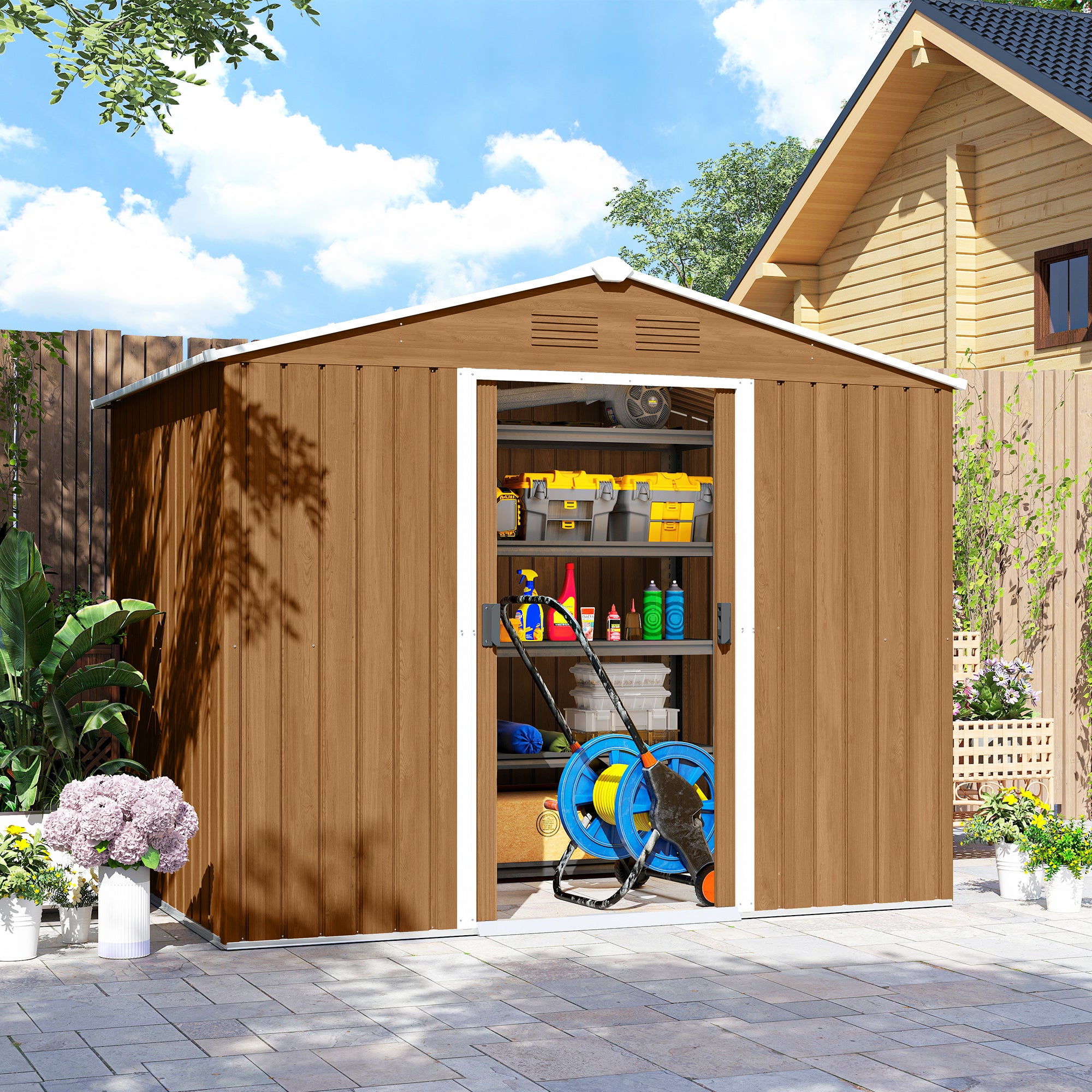 Outsunny 8 x 6ft Galvanised Steel Shed, with Double Door - Brown