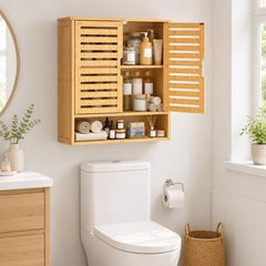 HOMCOM Bathroom Wall Cabinet, Wall Mounted Bathroom Cabinet with 2 Louvered Doors, Open Shelf and Adjustable Shelf Storage