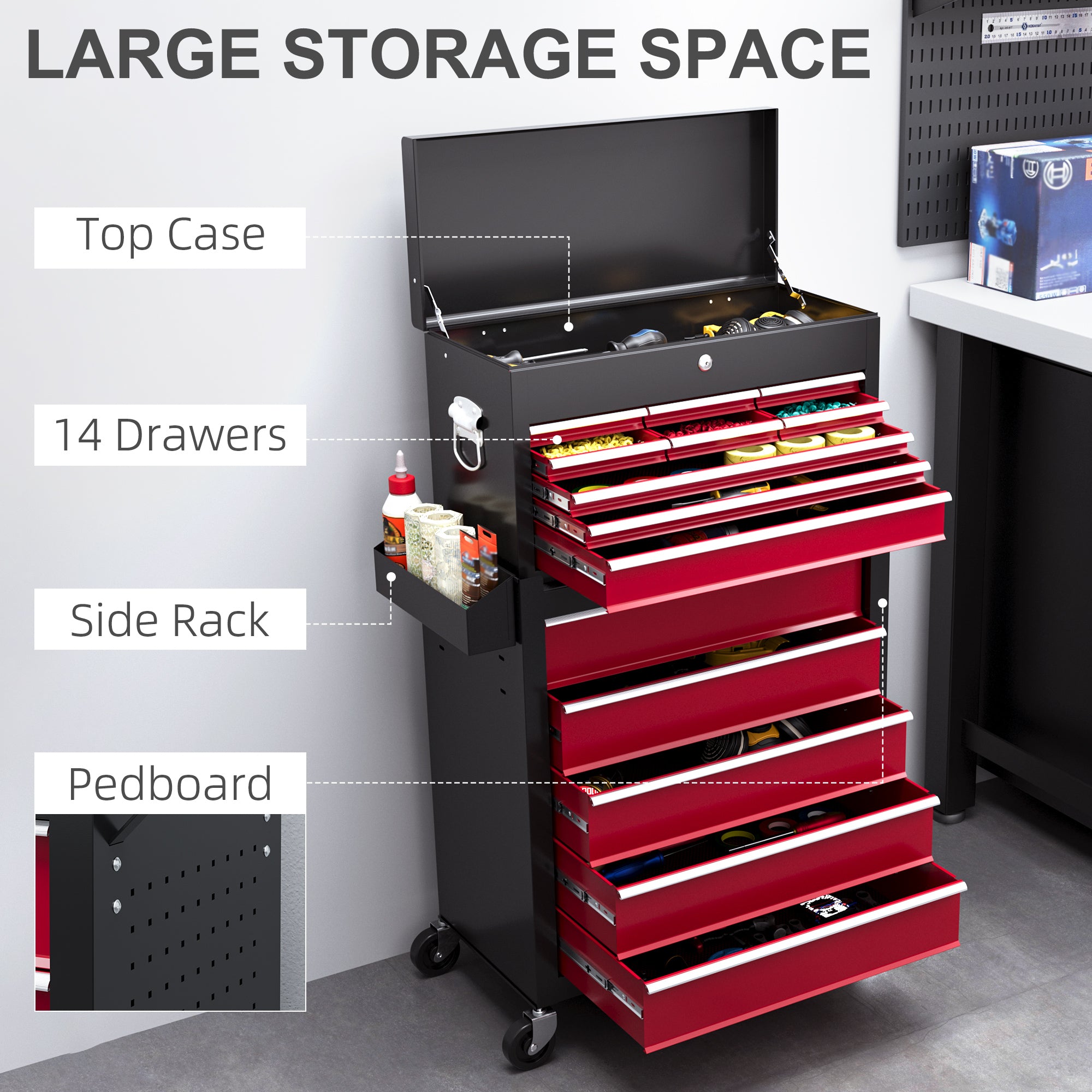 HOMCOM 14 Drawer, Two-Part Tool Storage Chest on Wheels - Red