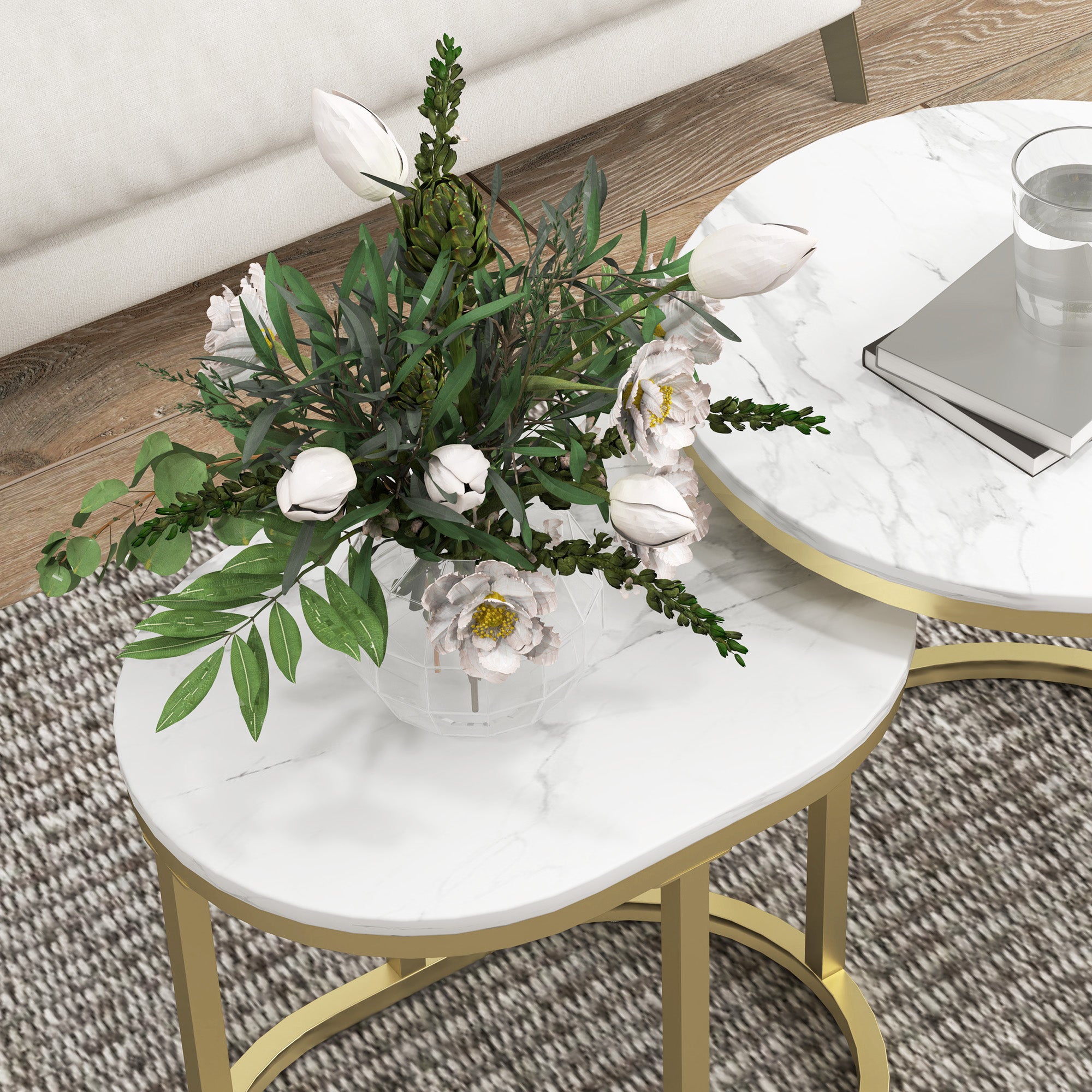 HOMCOM Marble-Effect Nest of Tables - Gold Tone/White