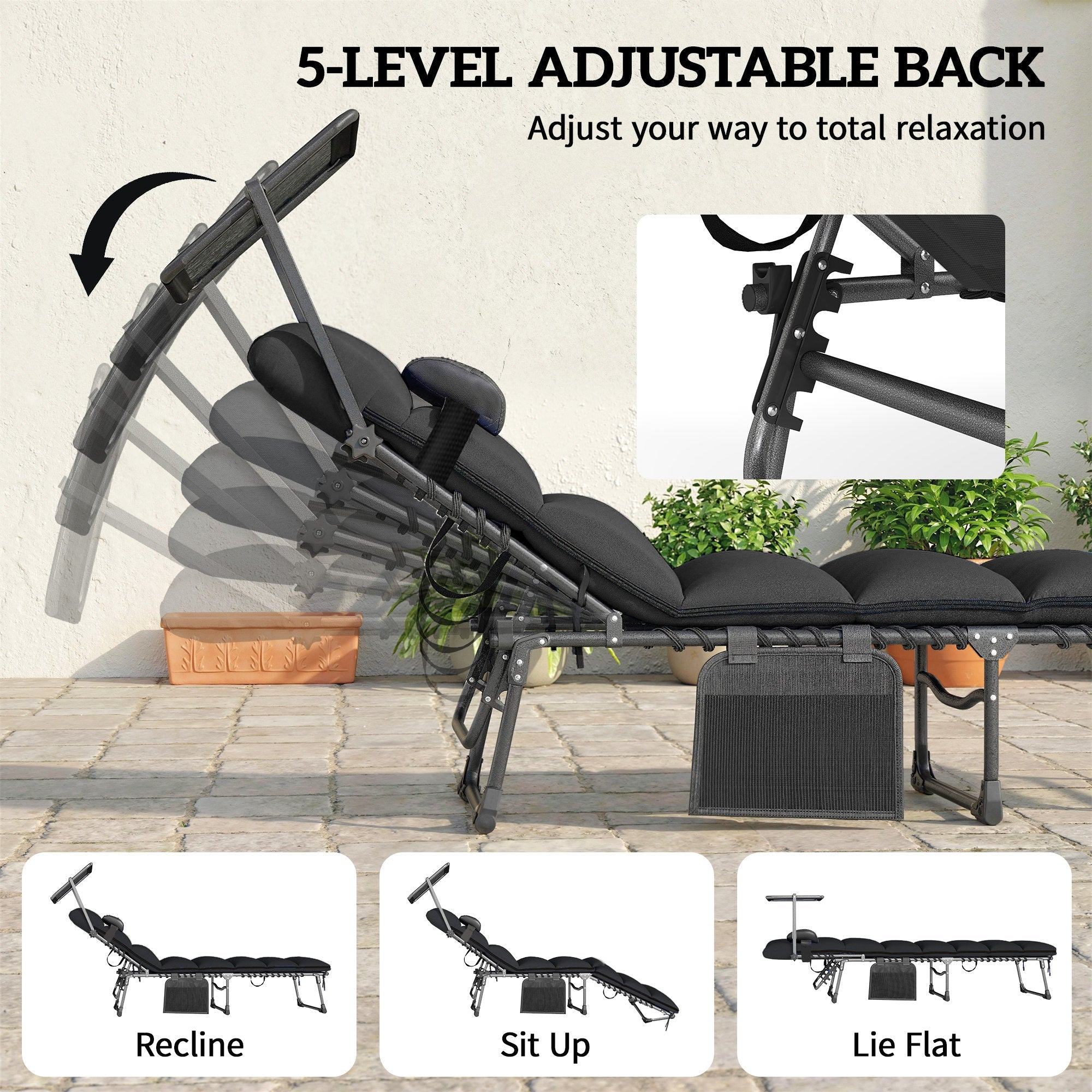 Outsunny Folding Sun Loungers Set of 2 with Canopy, Reclining Sunbed with Cushion, Side Pocket, Carrying Handle, Black