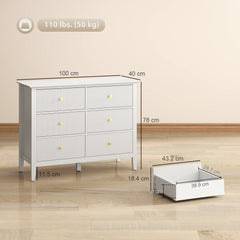 HOMCOM Fluted Dresser, 6 Drawer Chest of Drawers for Bedroom, Living Room, Hallway, Closet, White