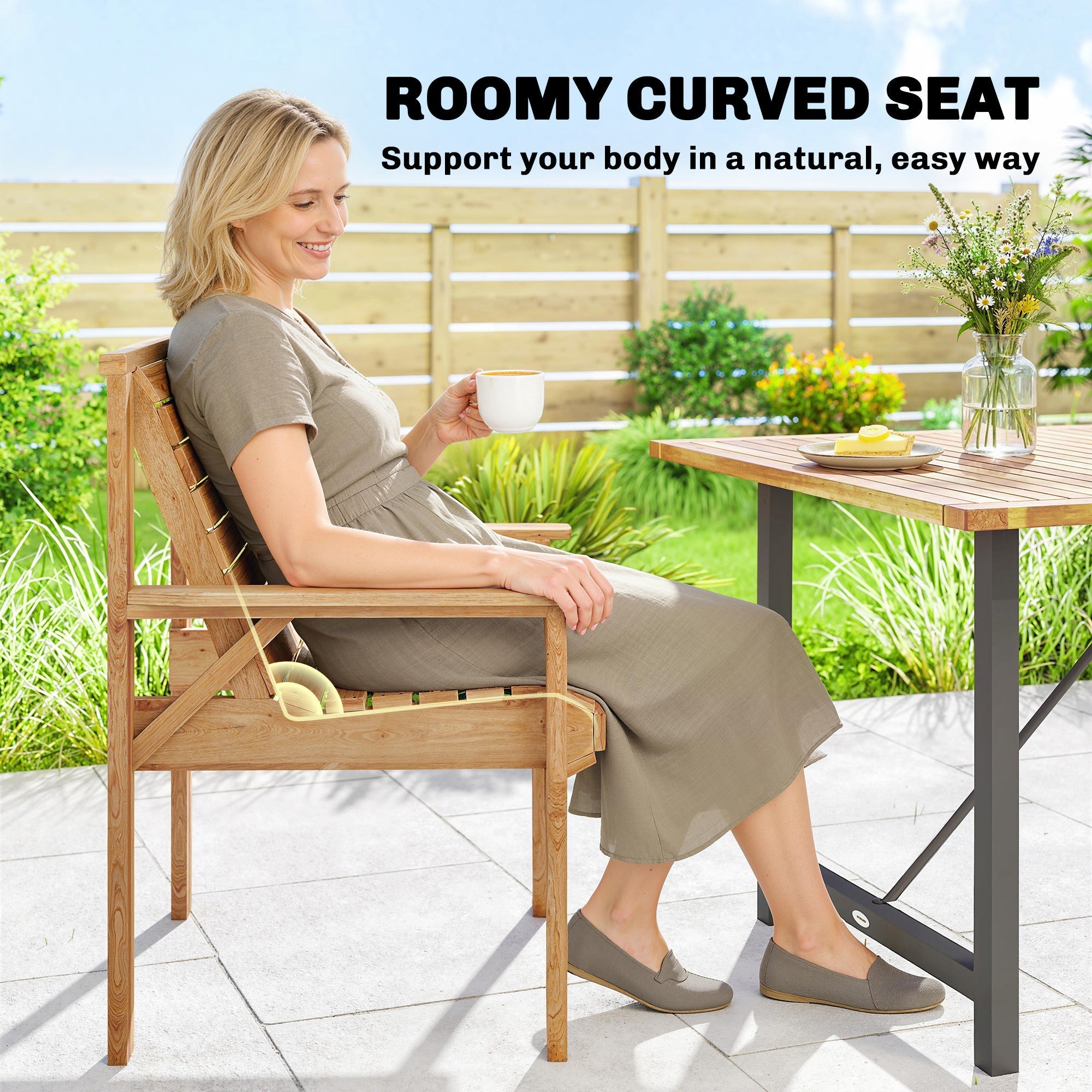 Outsunny Wooden Garden Dining Chair, Outdoor Chair Garden Armchair with Curved Seat and Wide Armrests, Natural Wood Finish