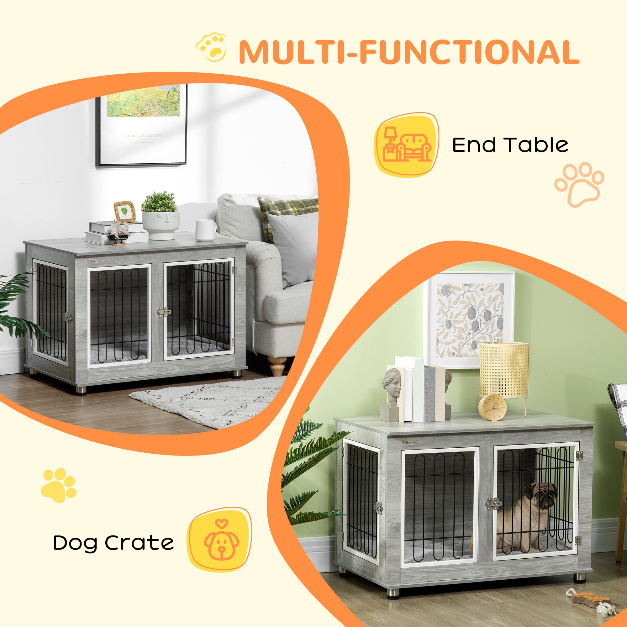 PawHut Dog Crate Furniture End Table, with Washable Cushion, Double Doors, for Medium/Large Dogs, Grey
