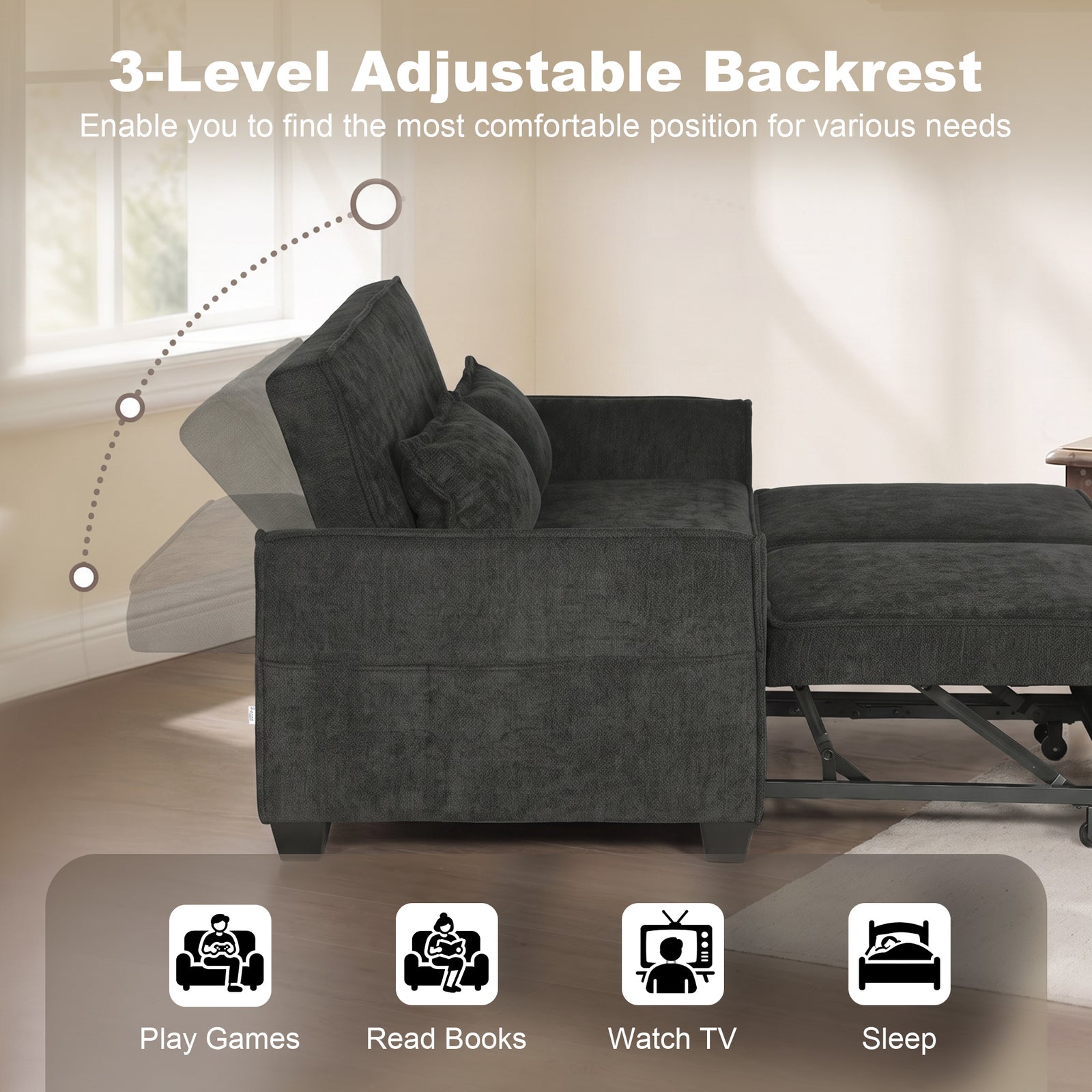 HOMCOM 2 Seater Sofa Bed, 4-in-1 L-Shaped Convertible Pull-Out Sleeper Sofa with Adjustable Backrest and Side Pockets, Black